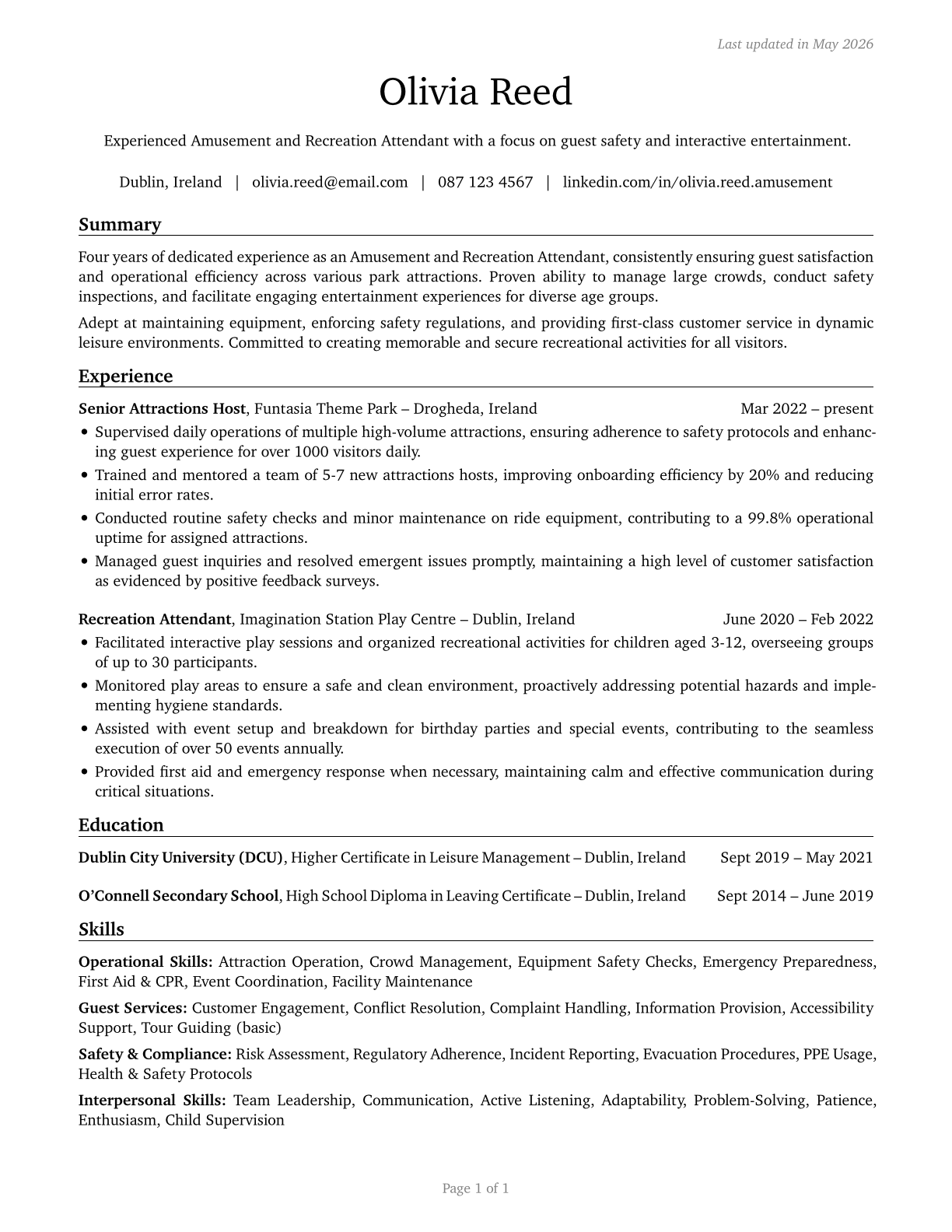 Amusement and Recreation Attendants CV in English — page 1