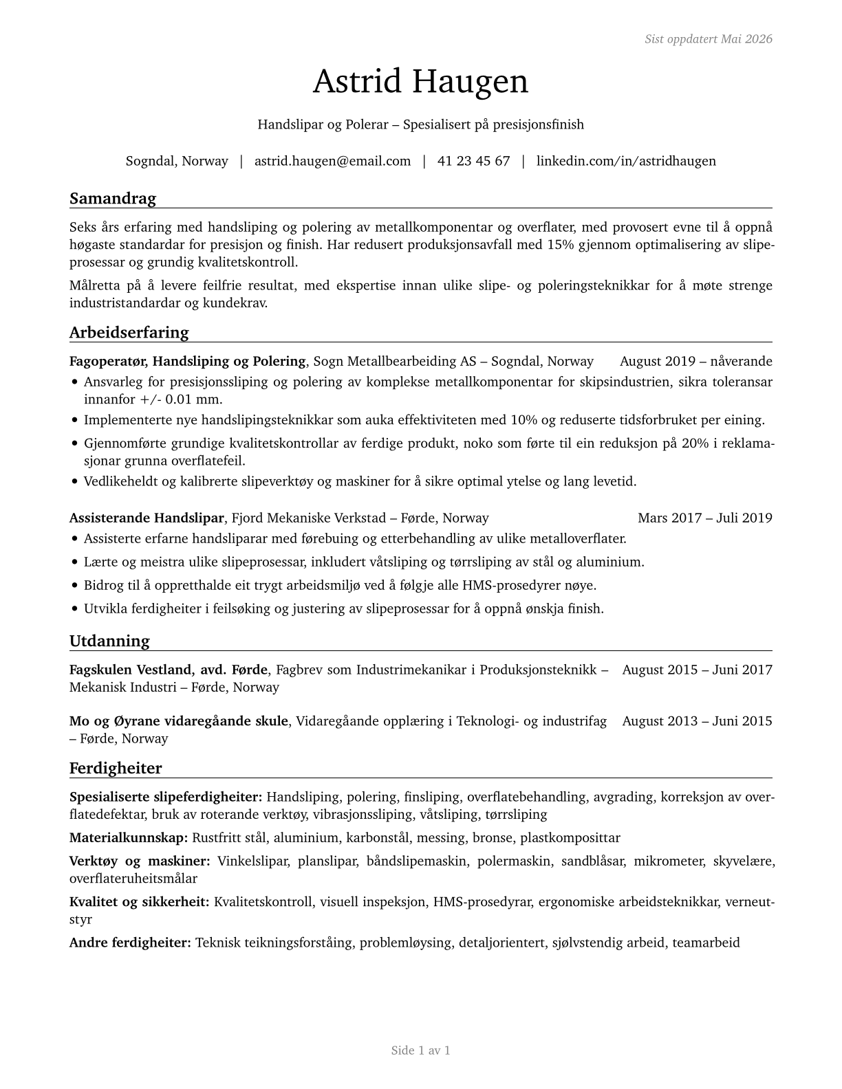 Grinding and Polishing Workers, Hand CV in Norwegian_nynorsk — page 1