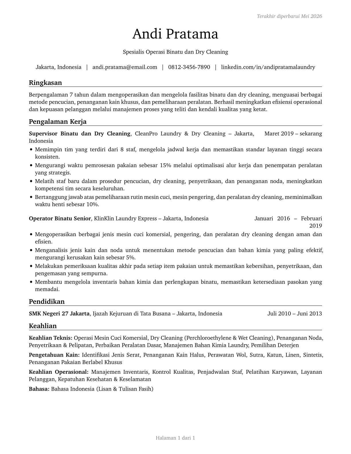 Laundry and Dry-Cleaning Workers CV in Indonesian — page 1