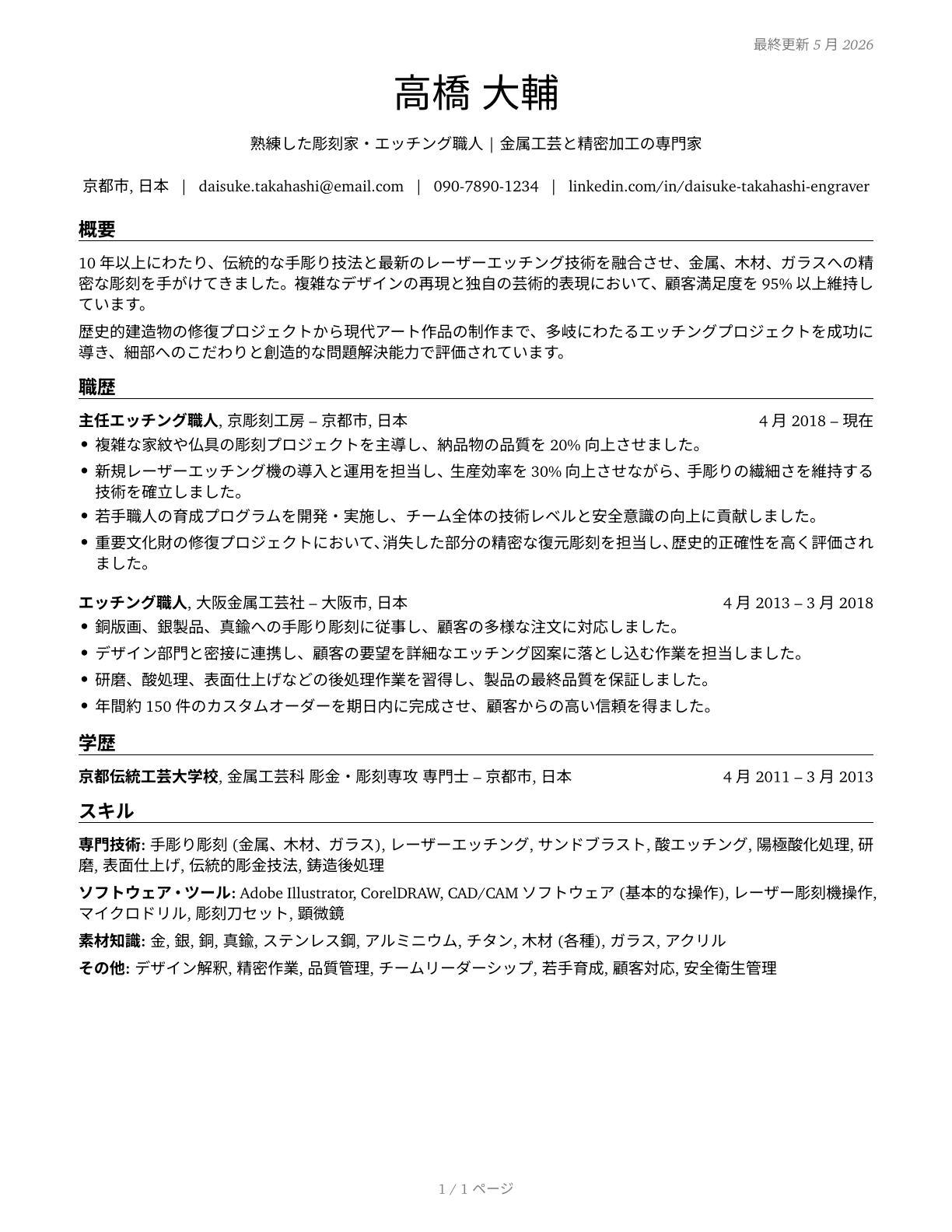 Etchers and Engravers CV in Japanese — page 1