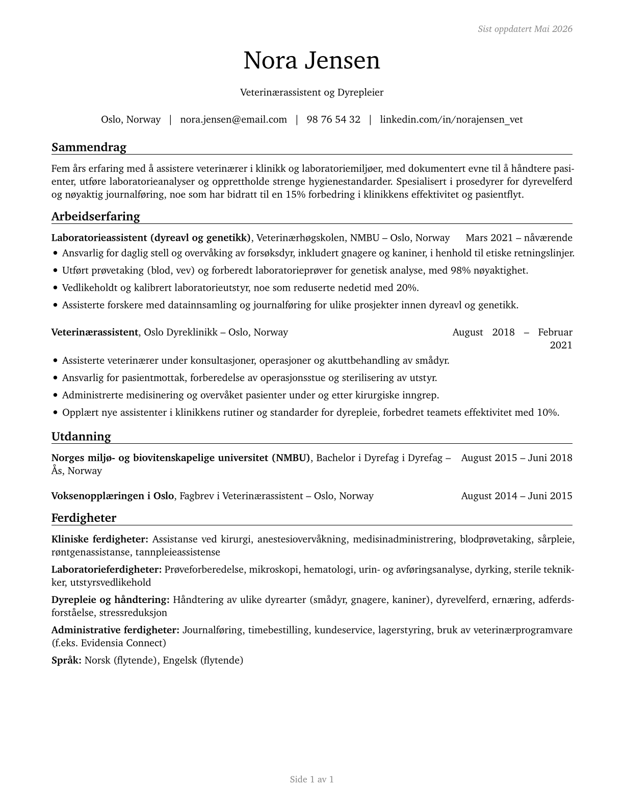 Veterinary Assistants and Laboratory Animal Caretakers CV in Norwegian_bokmal — page 1