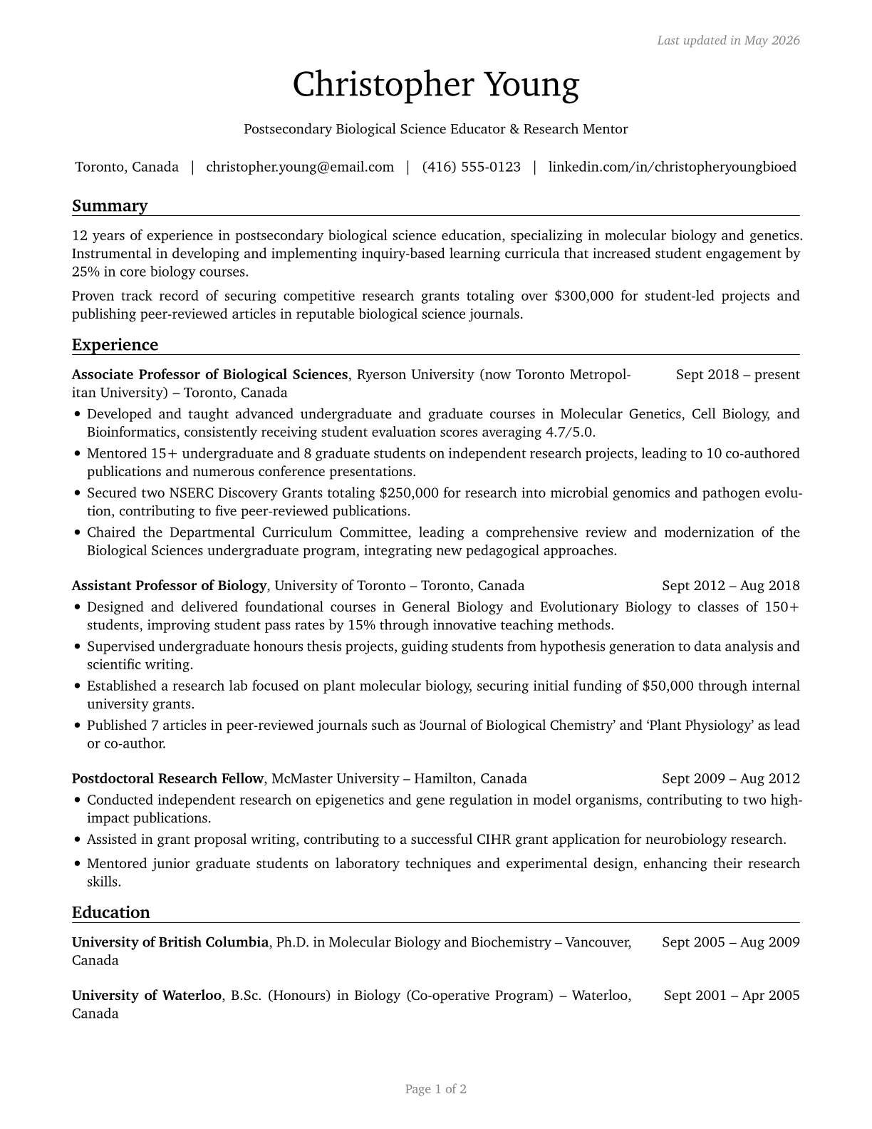 Biological Science Teachers, Postsecondary CV in English — page 1