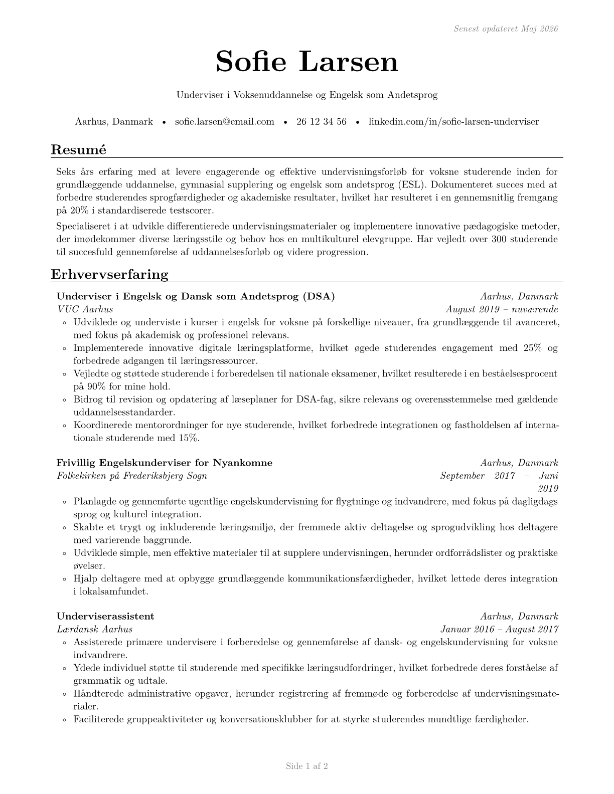Adult Basic Education, Adult Secondary Education, and English as a Second Language Instructors CV in Danish — page 1
