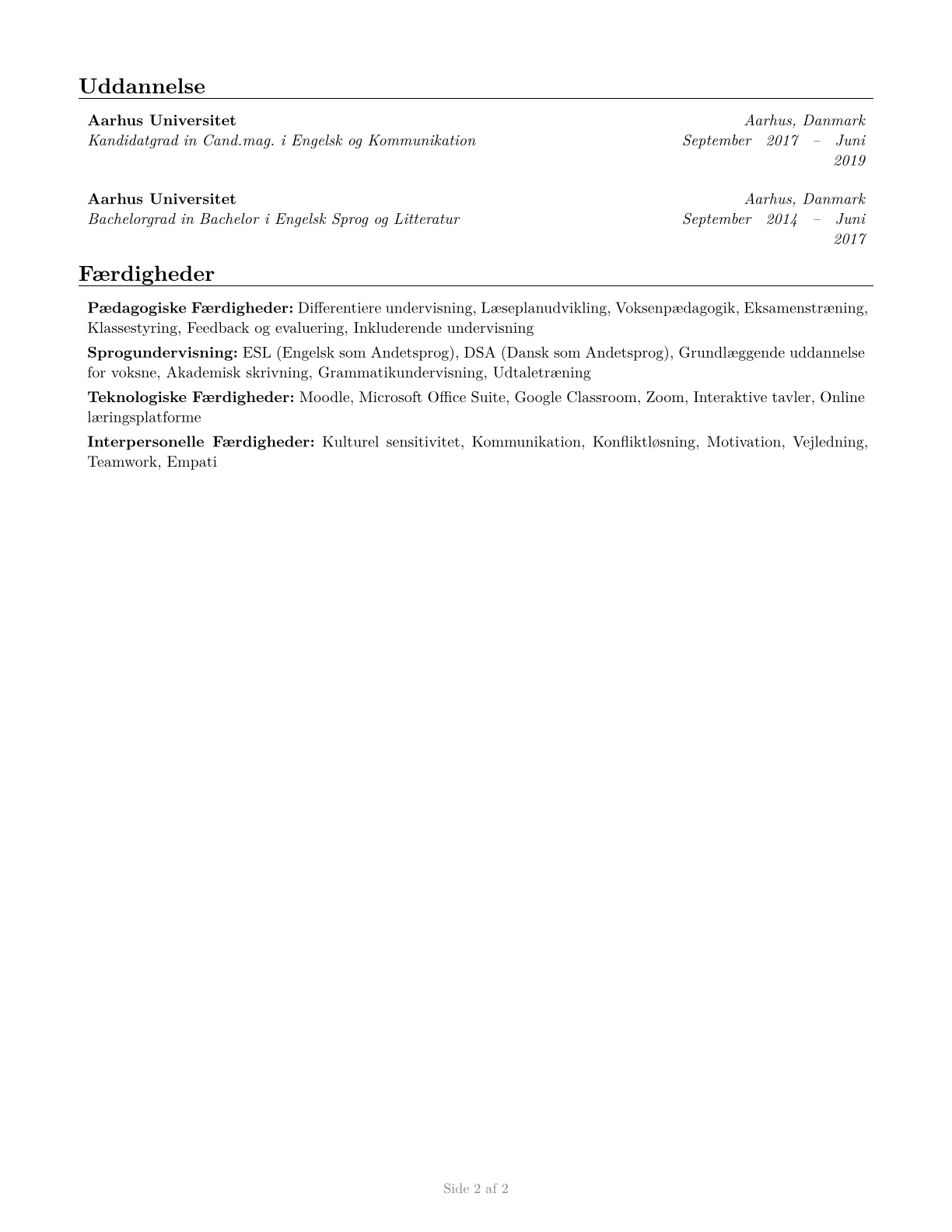 Adult Basic Education, Adult Secondary Education, and English as a Second Language Instructors CV in Danish — page 2