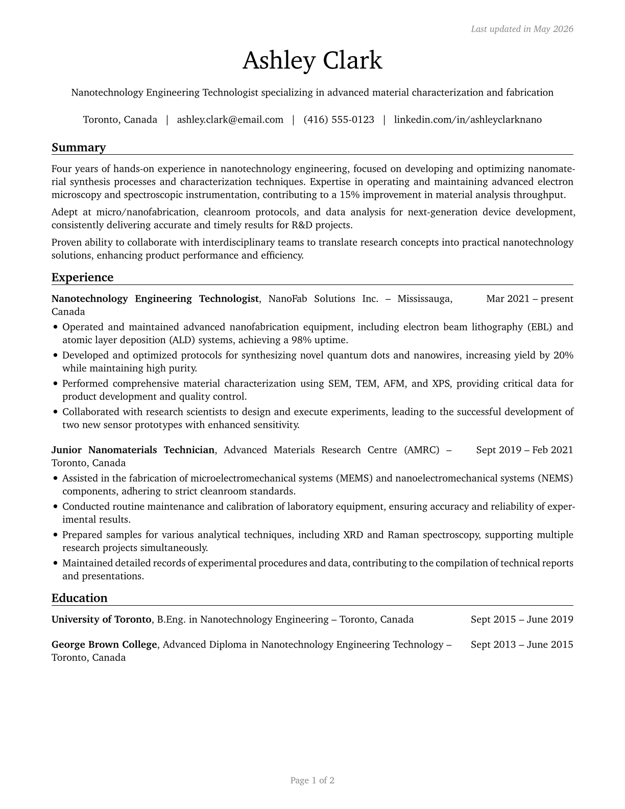 Nanotechnology Engineering Technologists and Technicians CV in English — page 1