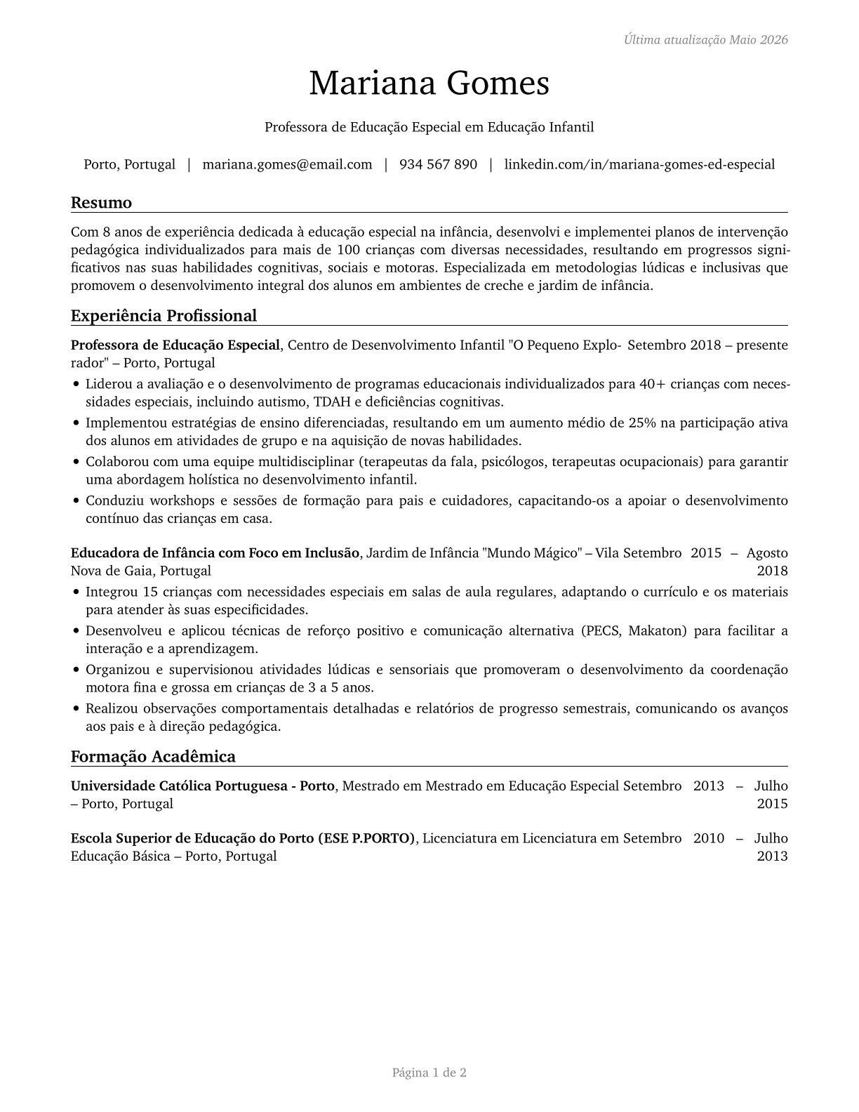 Special Education Teachers, Kindergarten CV in Portuguese — page 1