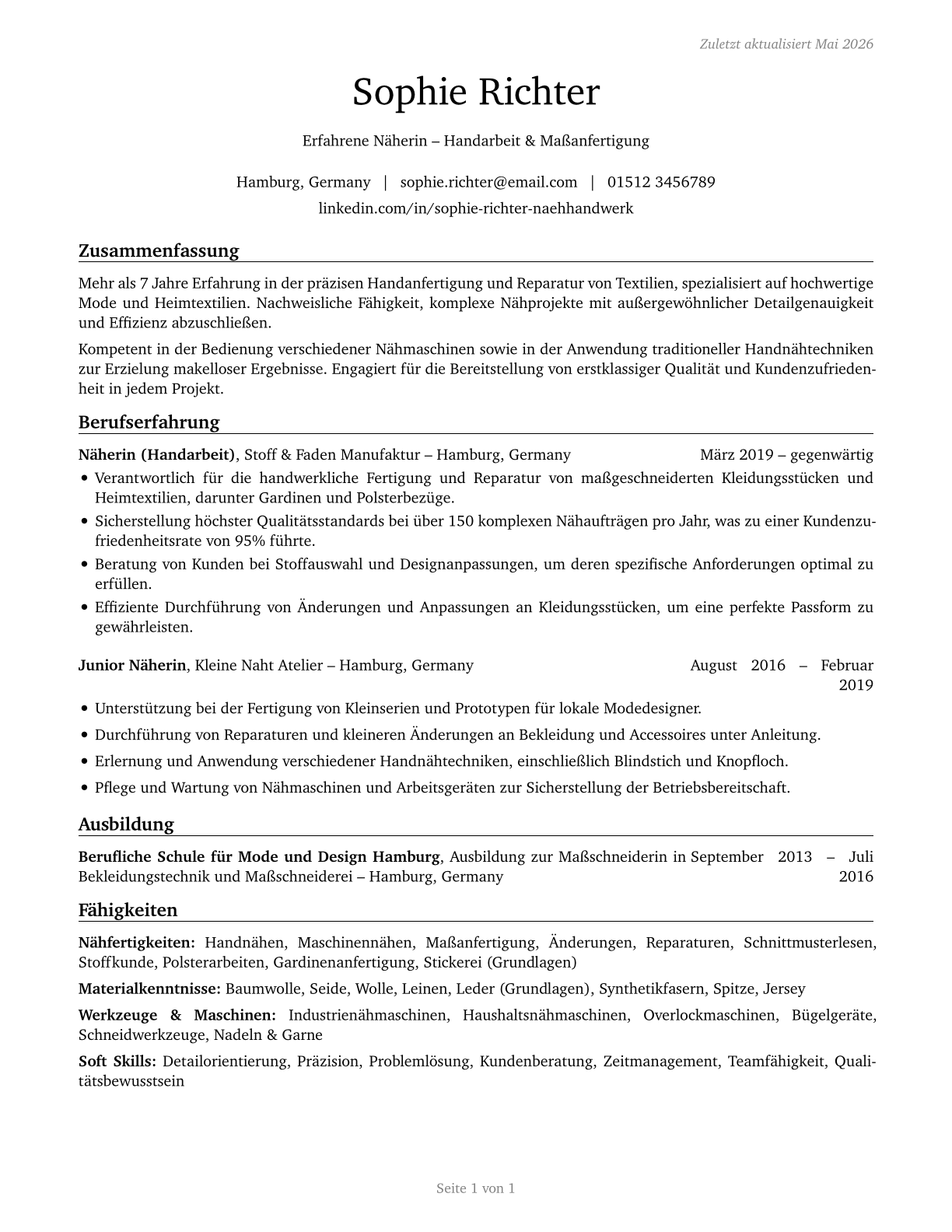 Sewers, Hand CV in German — page 1