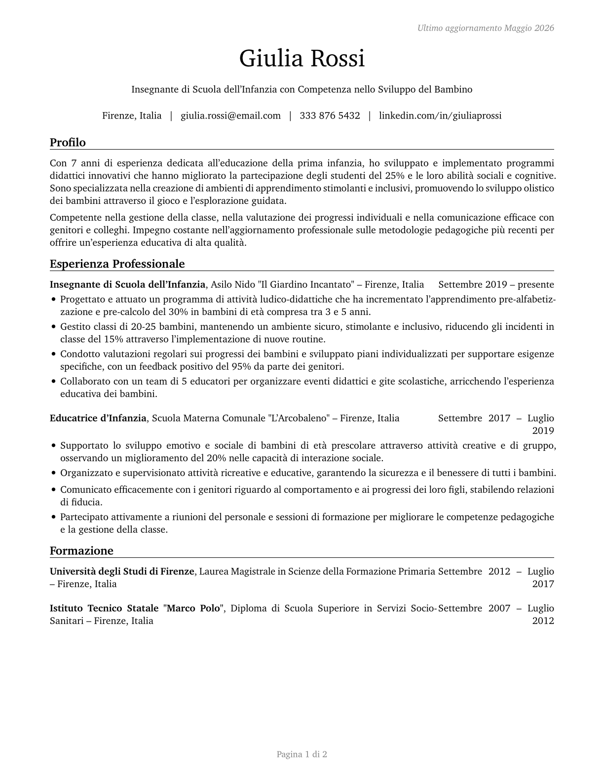 Preschool Teachers, Except Special Education CV in Italian — page 1
