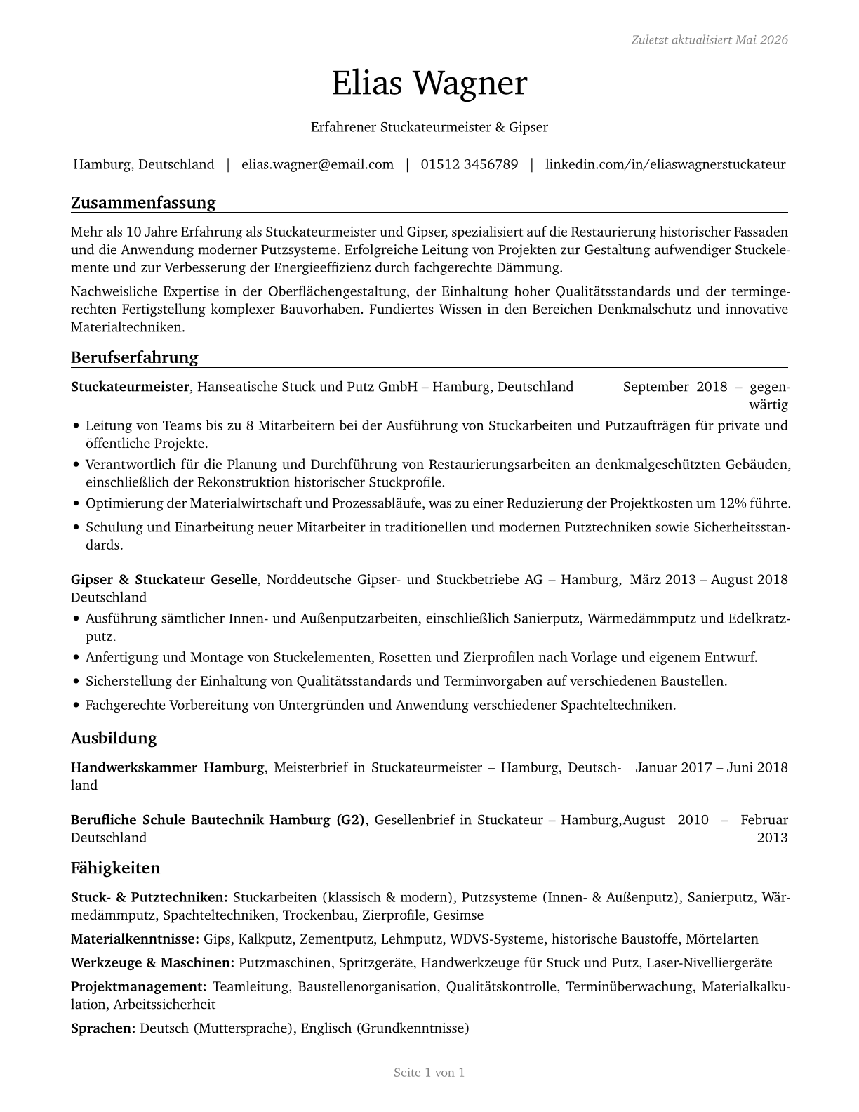Plasterers and Stucco Masons CV in German — page 1