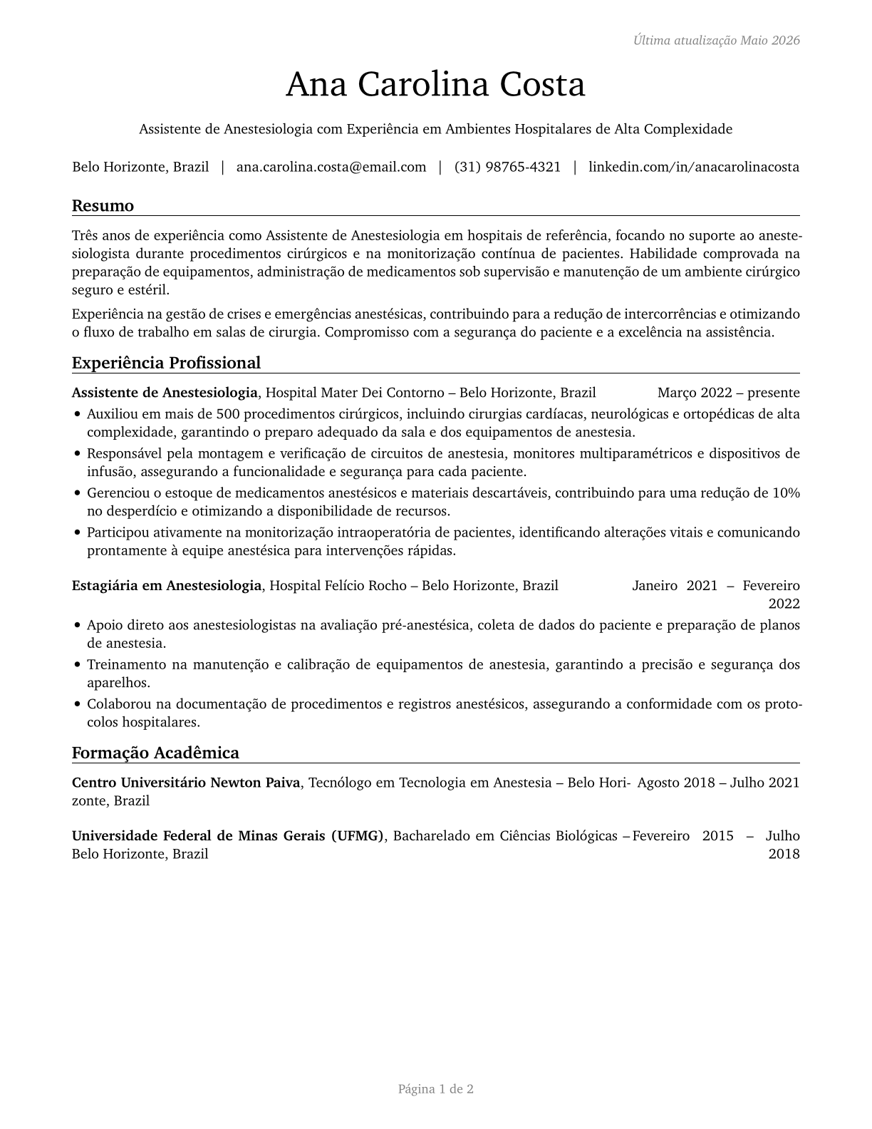 Anesthesiologist Assistants CV in Portuguese — page 1