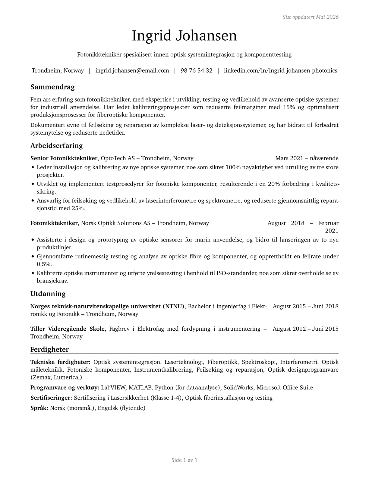 Photonics Technicians CV in Norwegian_bokmal — page 1