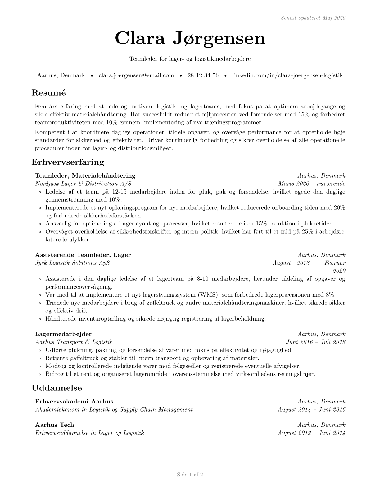 First-Line Supervisors of Helpers, Laborers, and Material Movers, Hand CV in Danish — page 1
