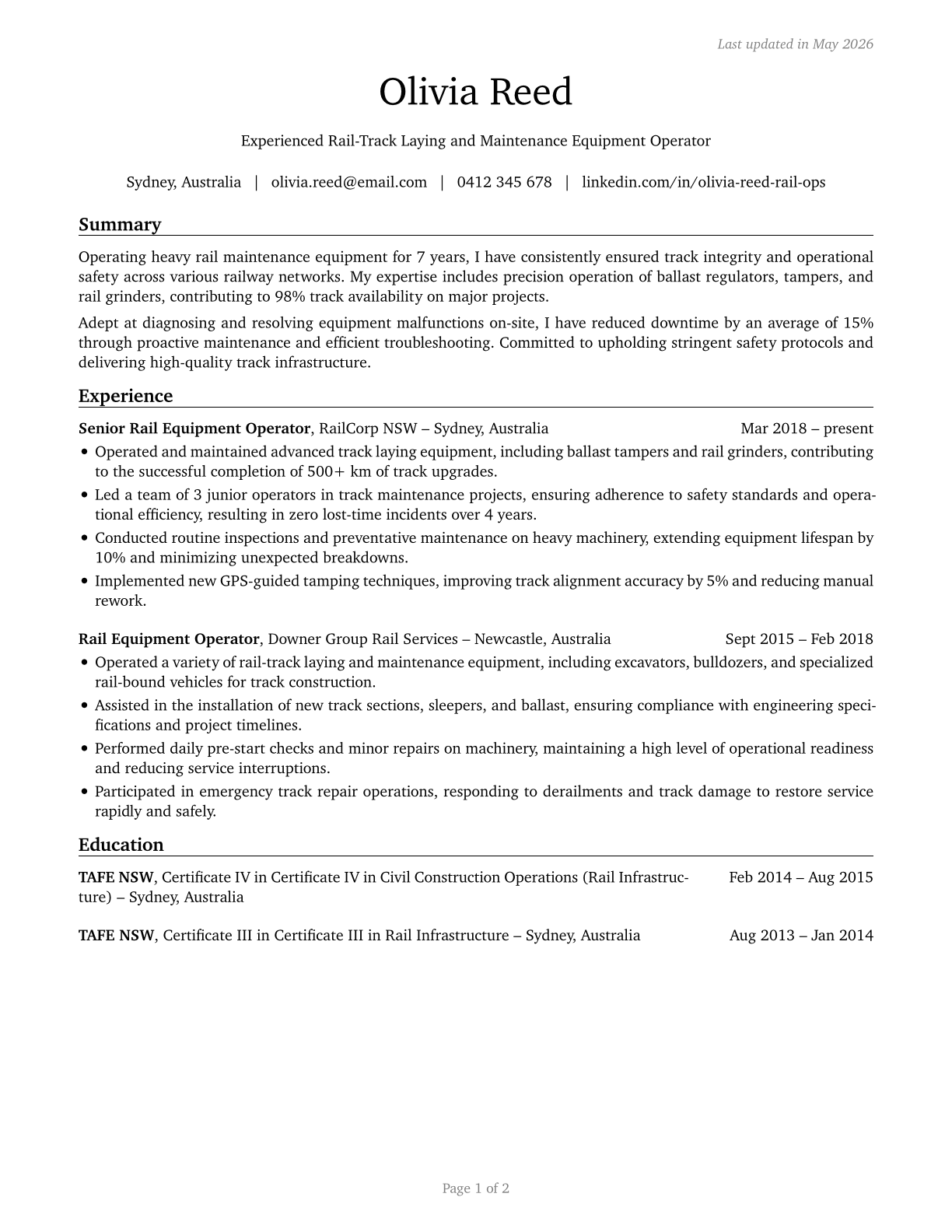 Rail-Track Laying and Maintenance Equipment Operators CV in English — page 1