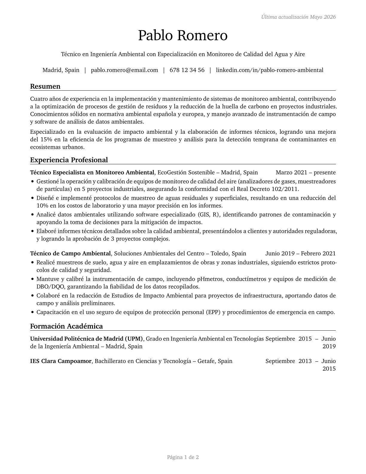 Environmental Engineering Technologists and Technicians CV in Spanish — page 1