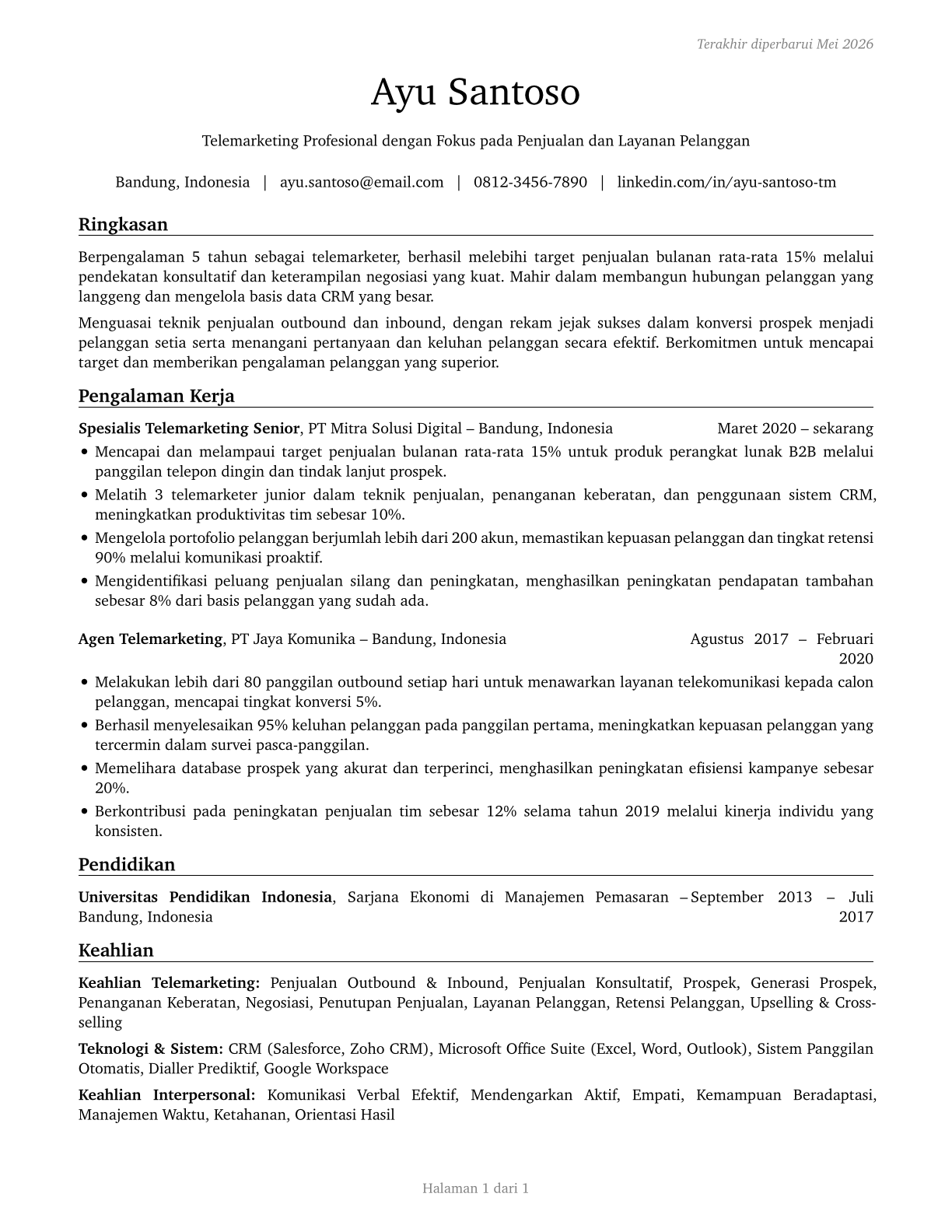 Telemarketers CV in Indonesian — page 1