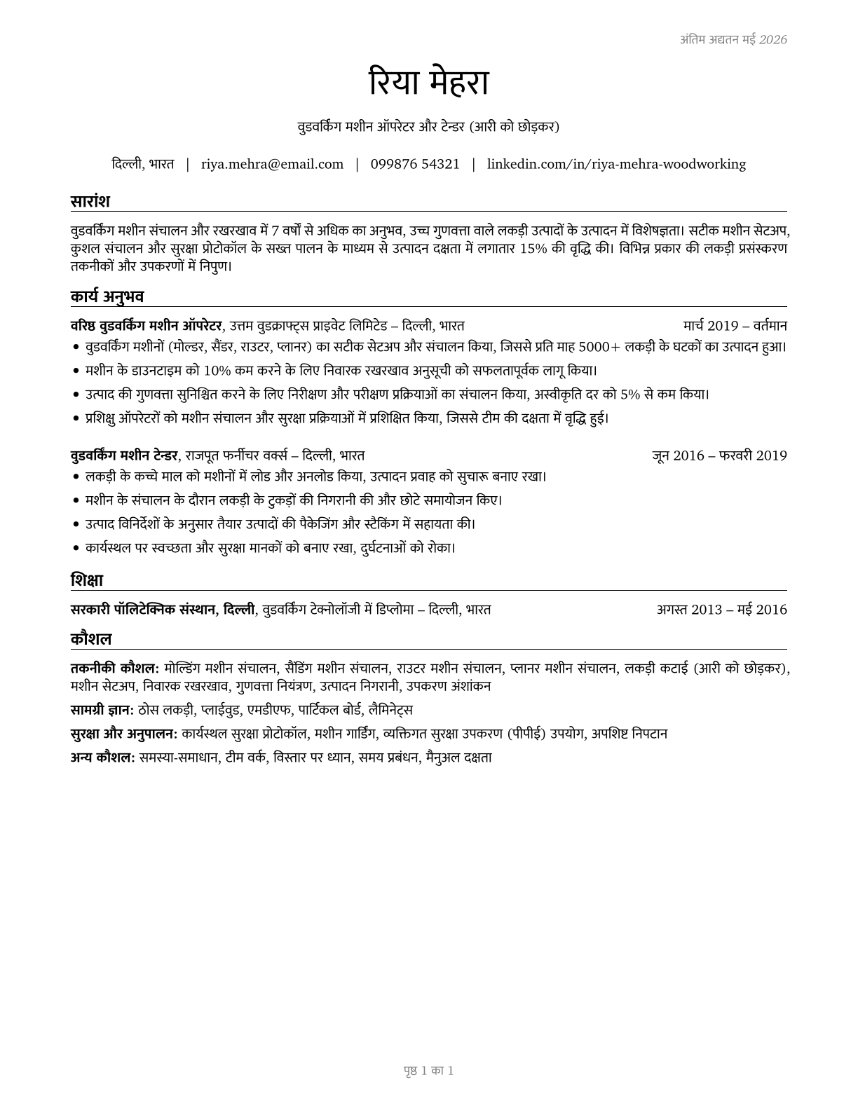 Woodworking Machine Setters, Operators, and Tenders, Except Sawing CV in Hindi — page 1