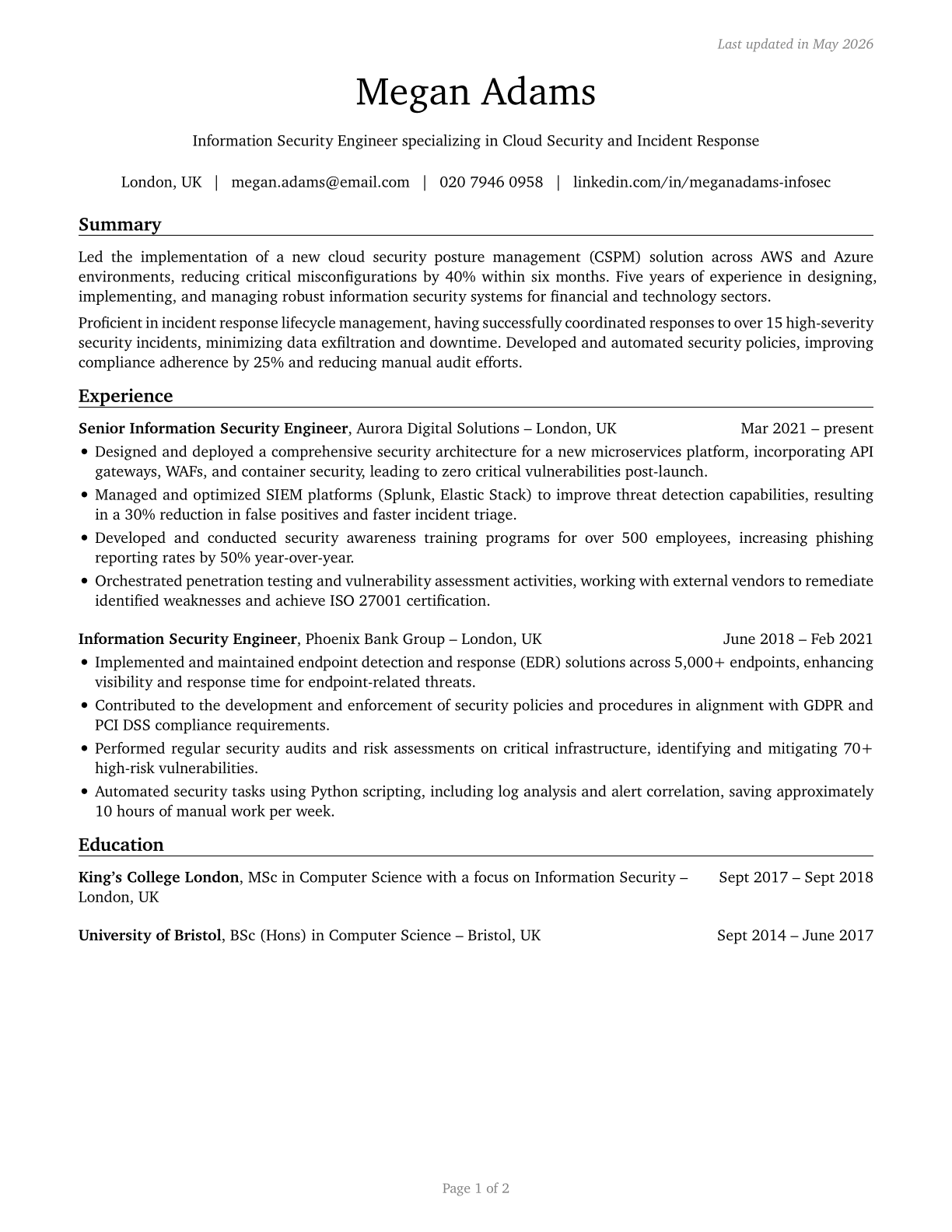 Information Security Engineers CV in English — page 1
