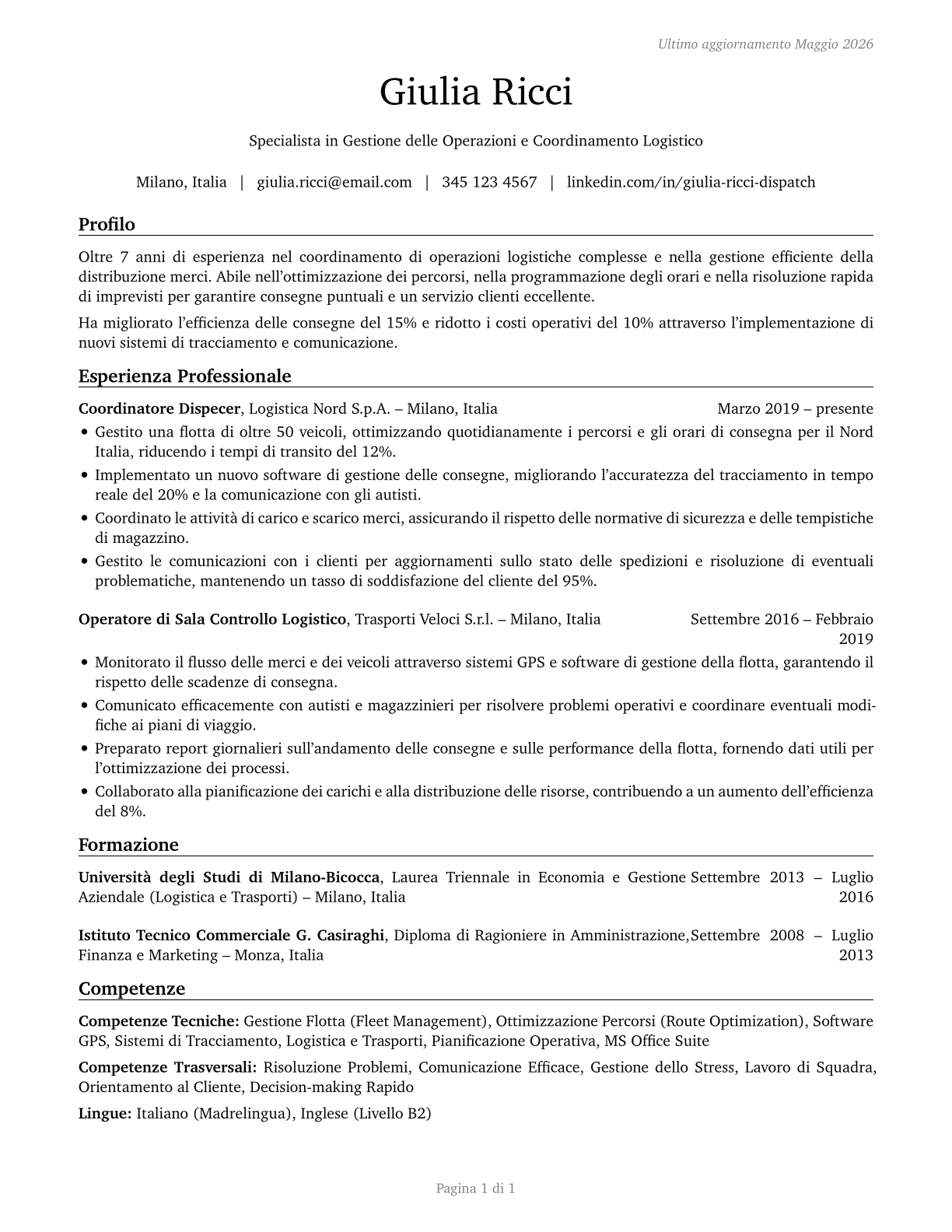 Dispatchers, Except Police, Fire, and Ambulance CV in Italian — page 1