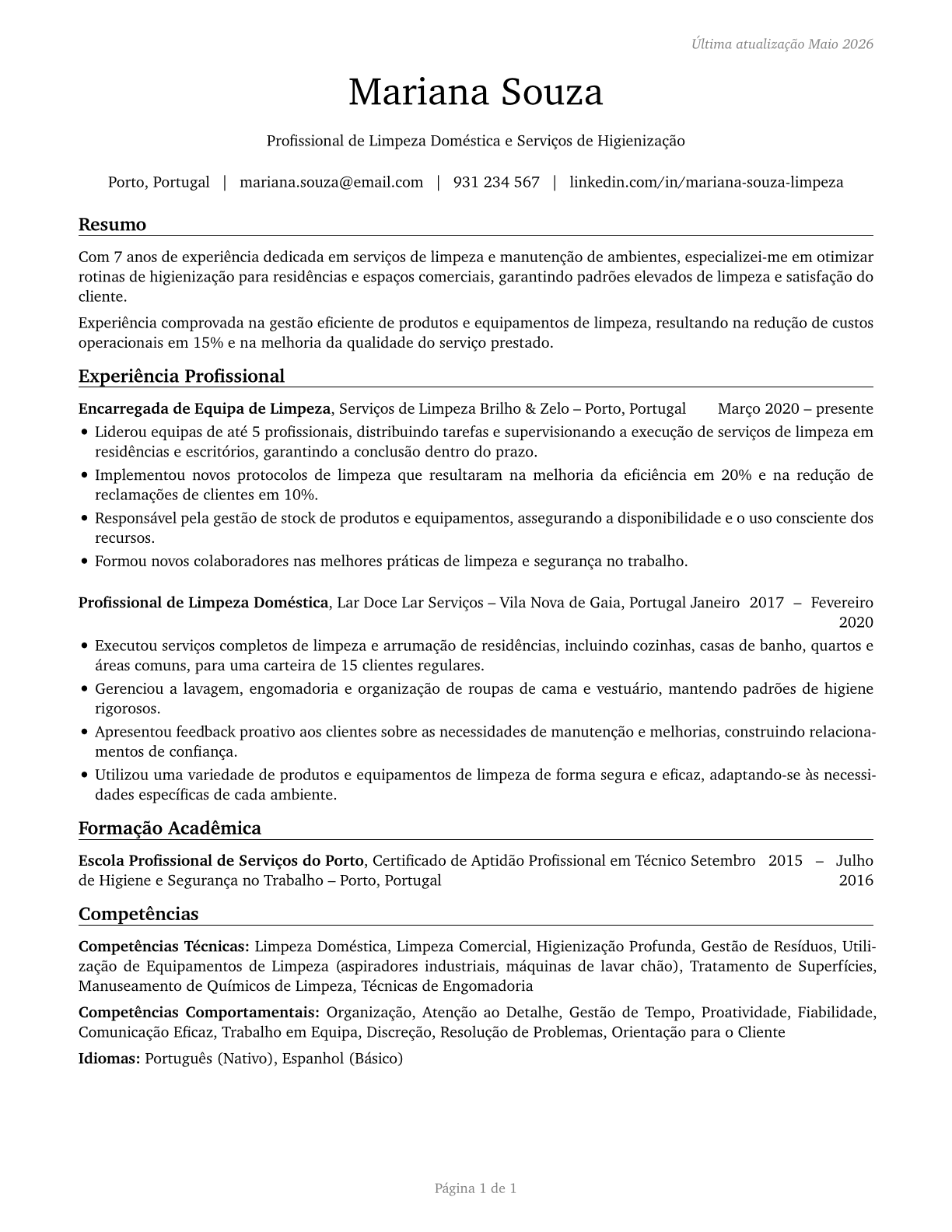 Maids and Housekeeping Cleaners CV in Portuguese — page 1