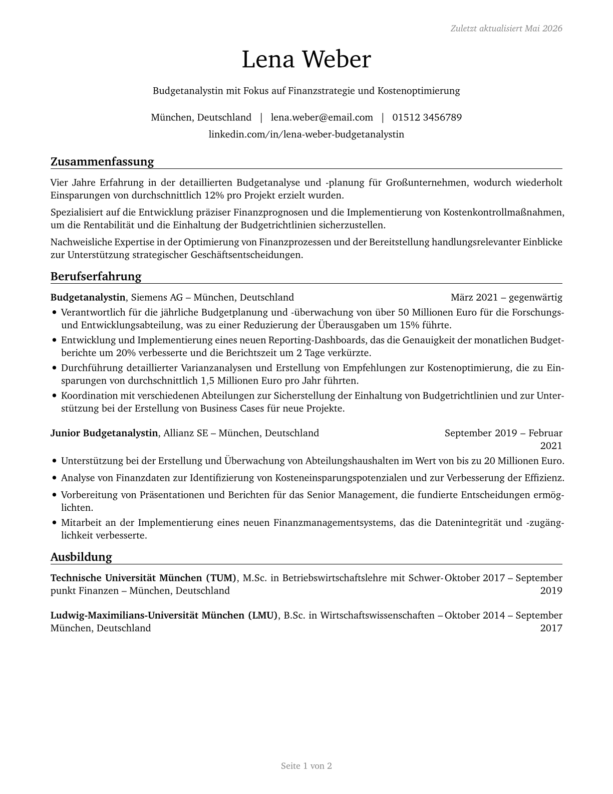 Budget Analysts CV in German — page 1