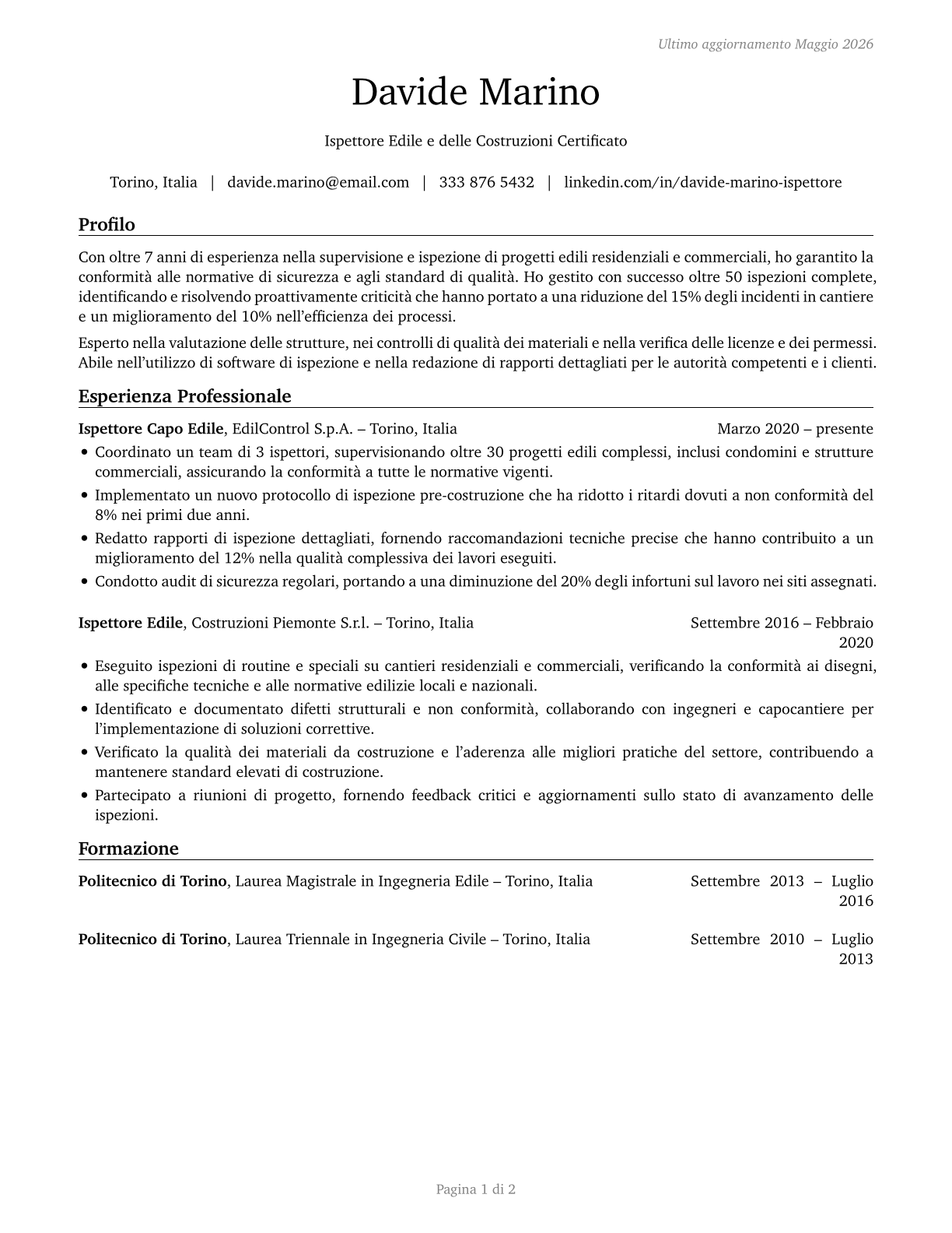 Construction and Building Inspectors CV in Italian — page 1
