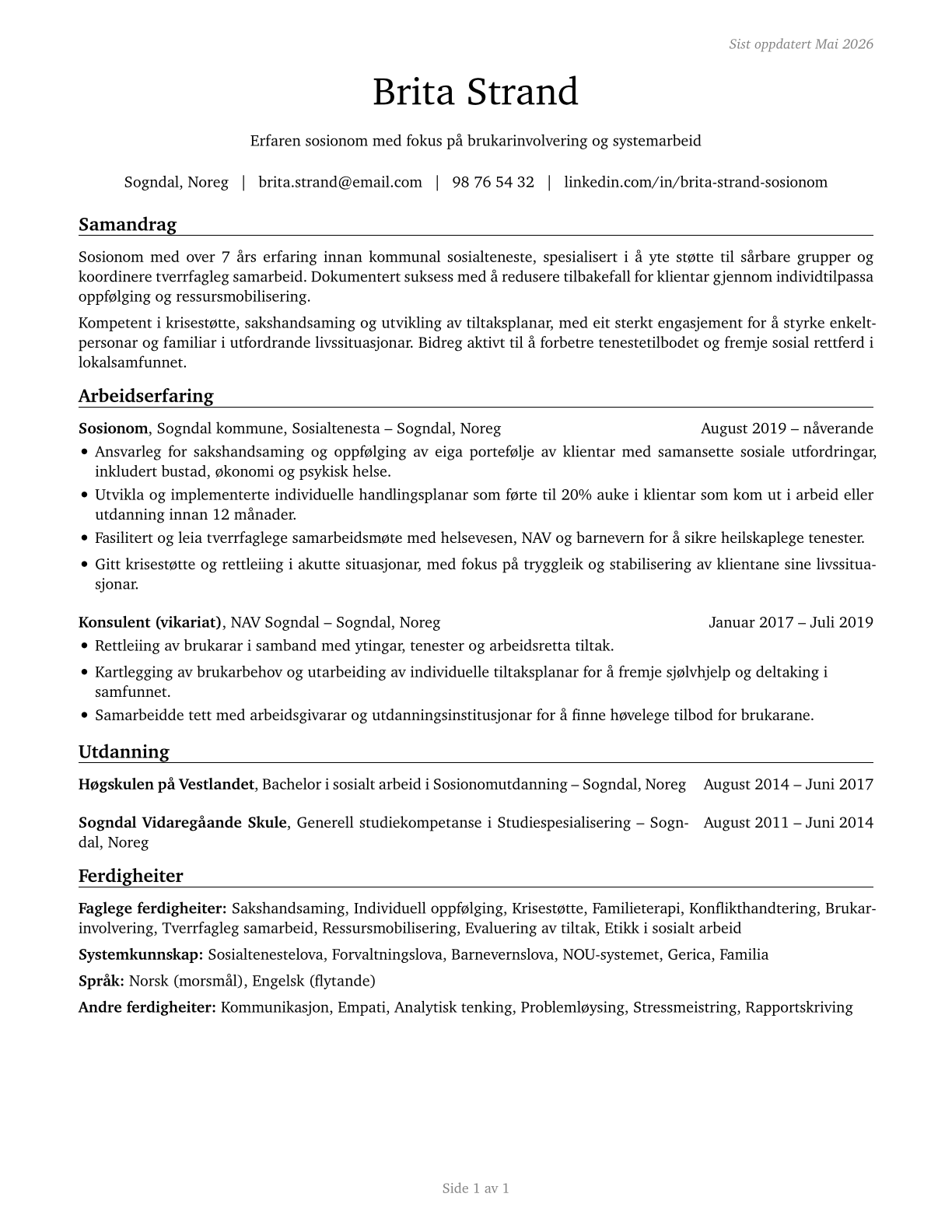 Social Workers, All Other CV in Norwegian_nynorsk — page 1