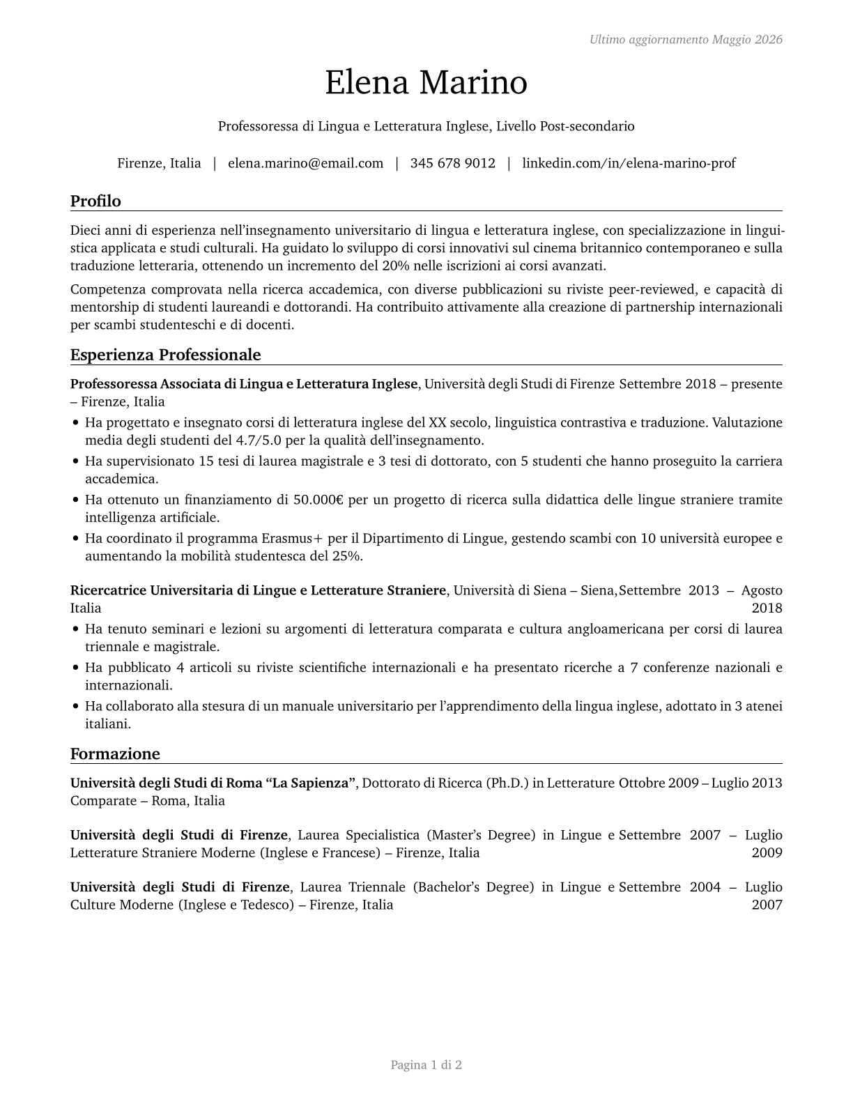 Foreign Language and Literature Teachers, Postsecondary CV in Italian — page 1