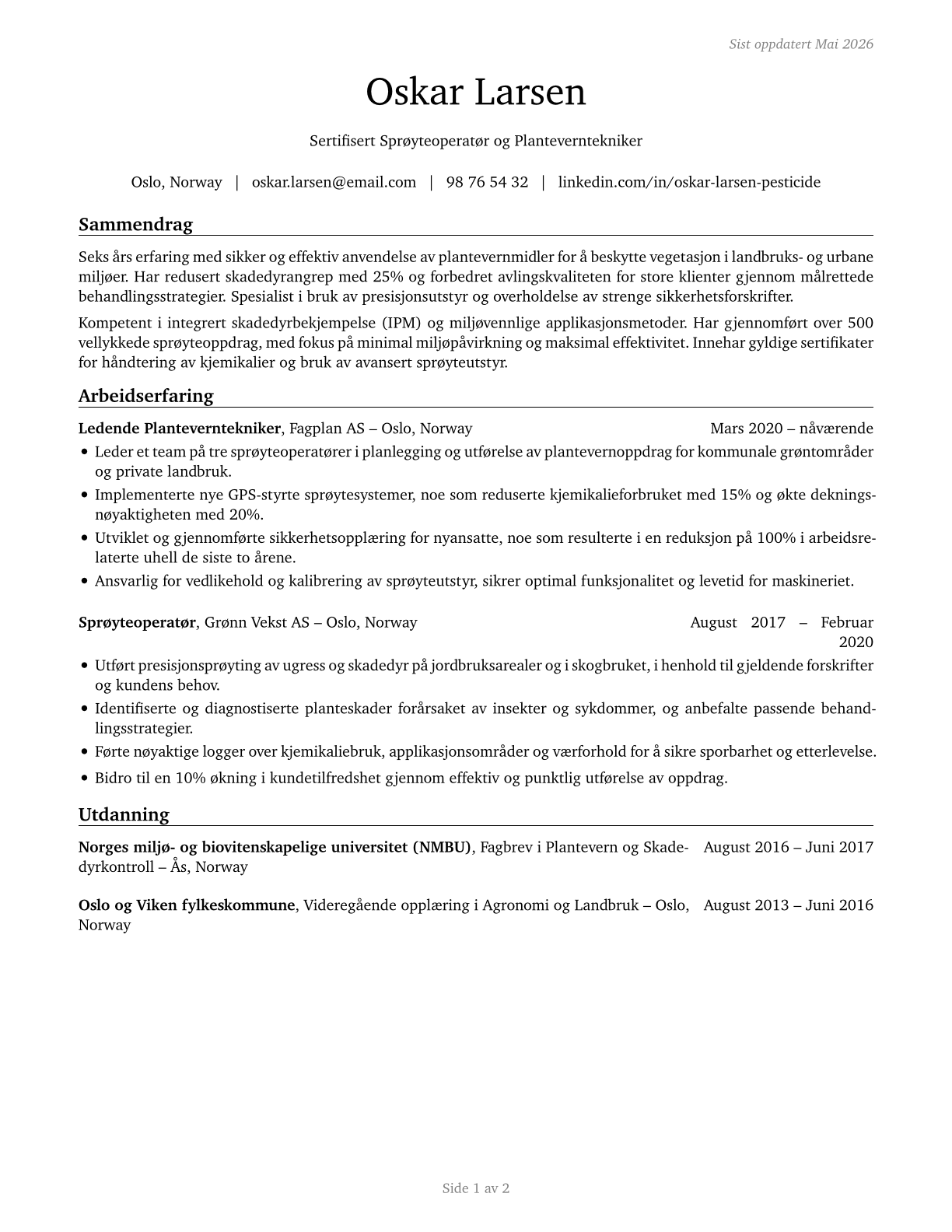 Pesticide Handlers, Sprayers, and Applicators, Vegetation CV in Norwegian_bokmal — page 1