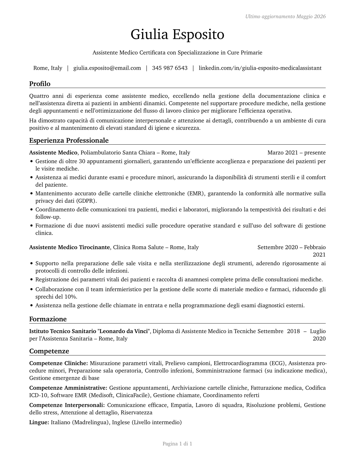 Medical Assistants CV in Italian — page 1