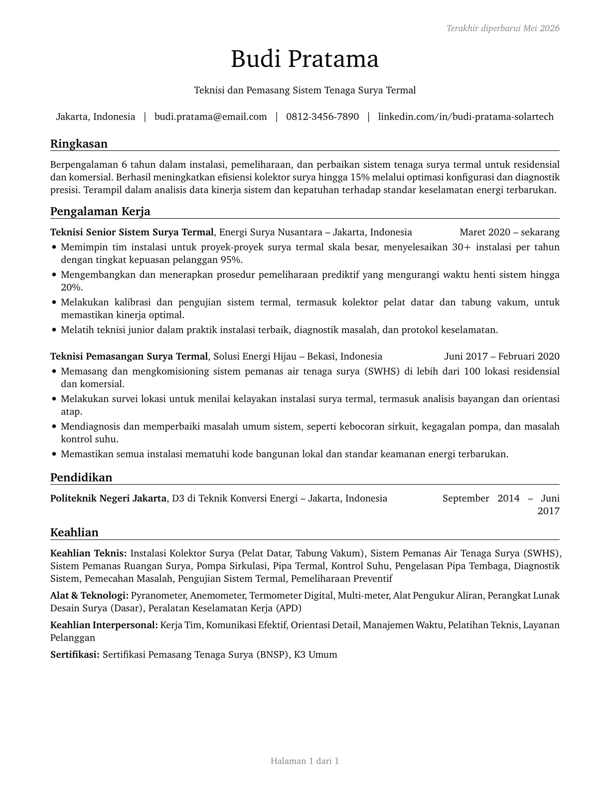 Solar Thermal Installers and Technicians CV in Indonesian — page 1