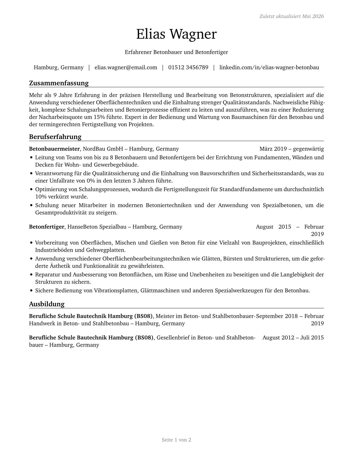 Cement Masons and Concrete Finishers CV in German — page 1