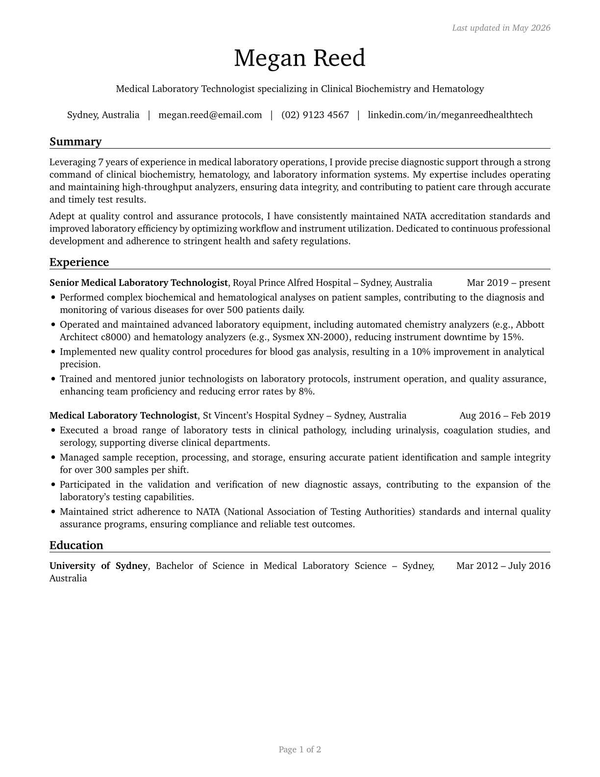 Health Technologists and Technicians, All Other CV in English — page 1