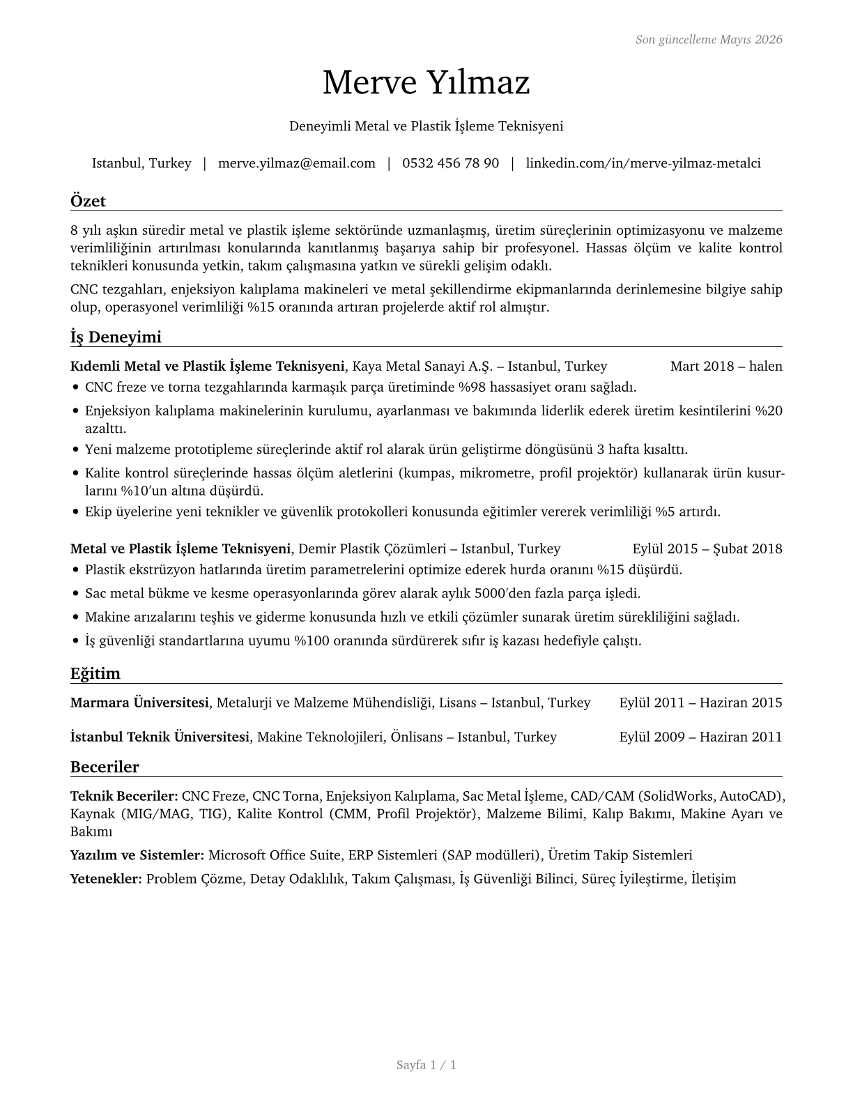 Metal Workers and Plastic Workers, All Other CV in Turkish — page 1