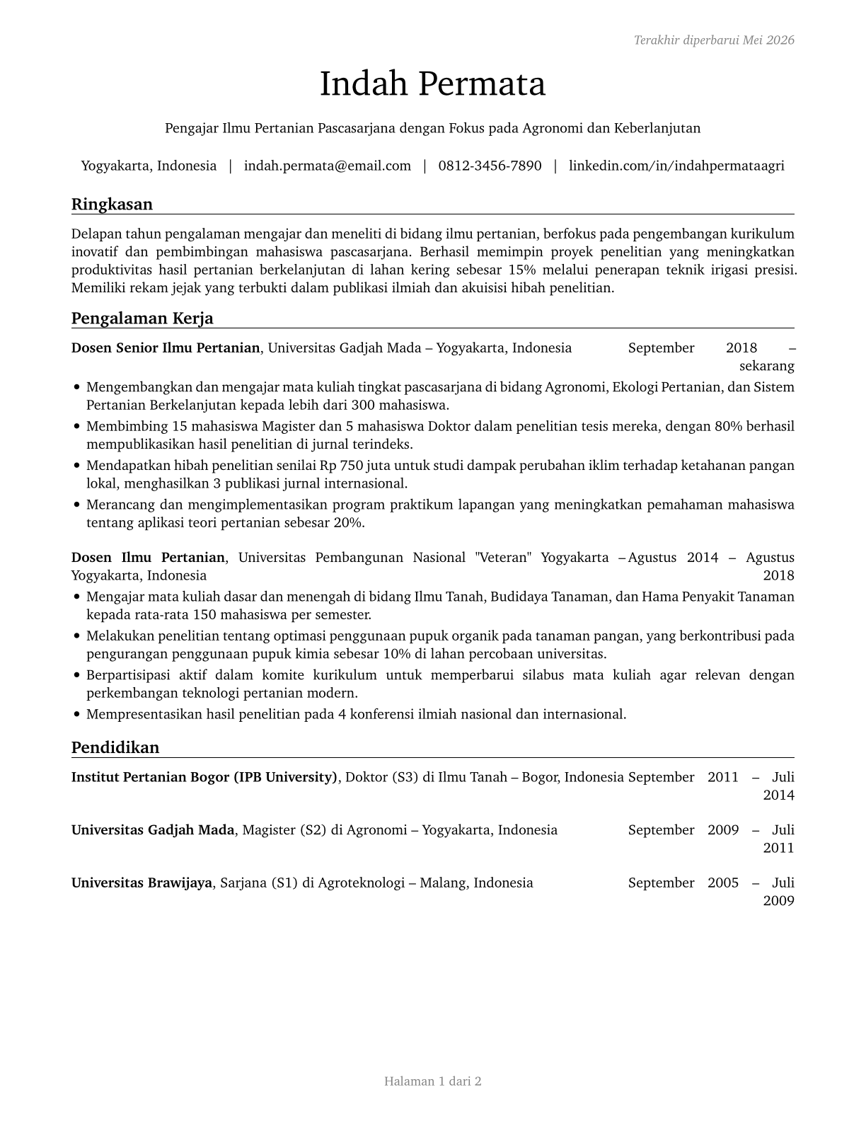 Agricultural Sciences Teachers, Postsecondary CV in Indonesian — page 1