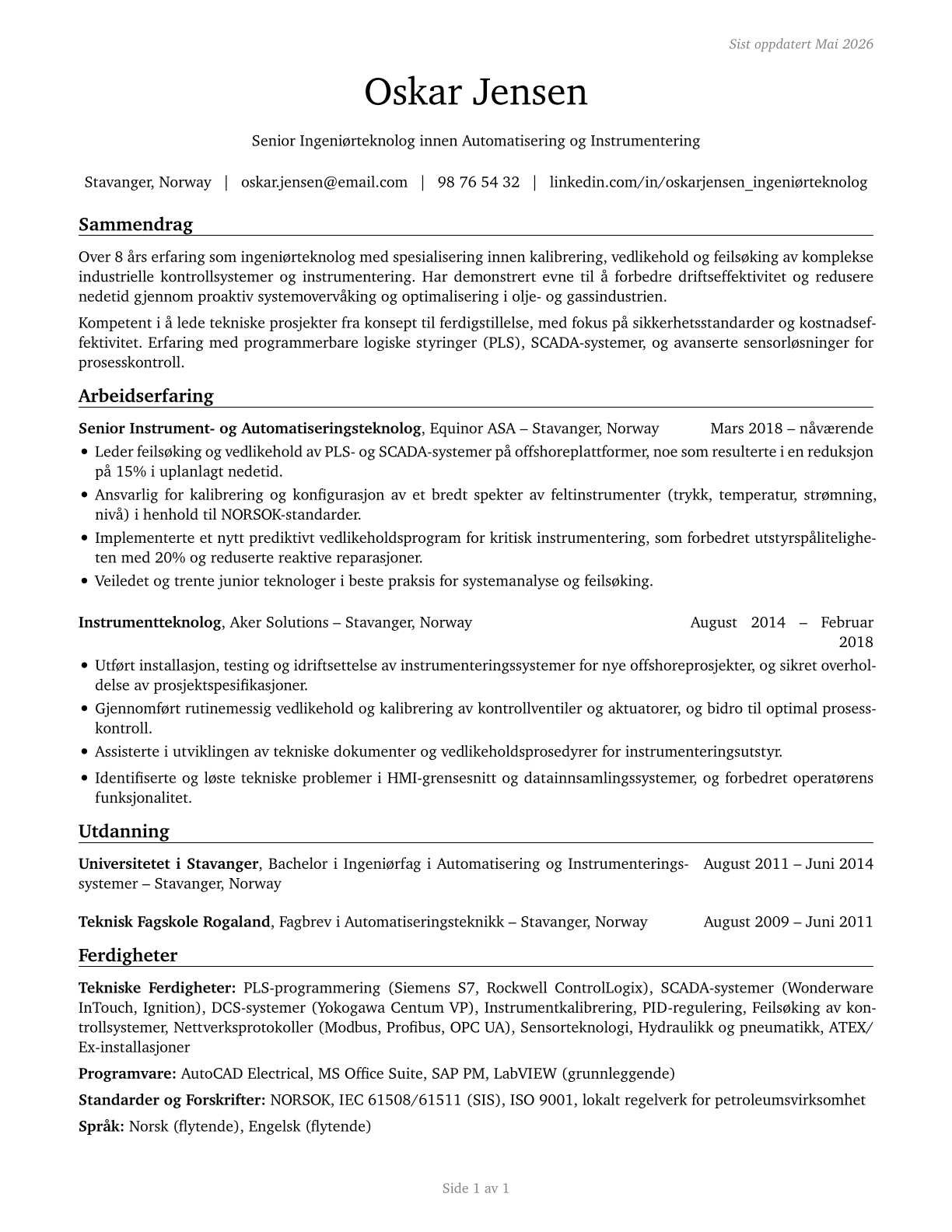 Engineering Technologists and Technicians, Except Drafters, All Other CV in Norwegian_bokmal — page 1