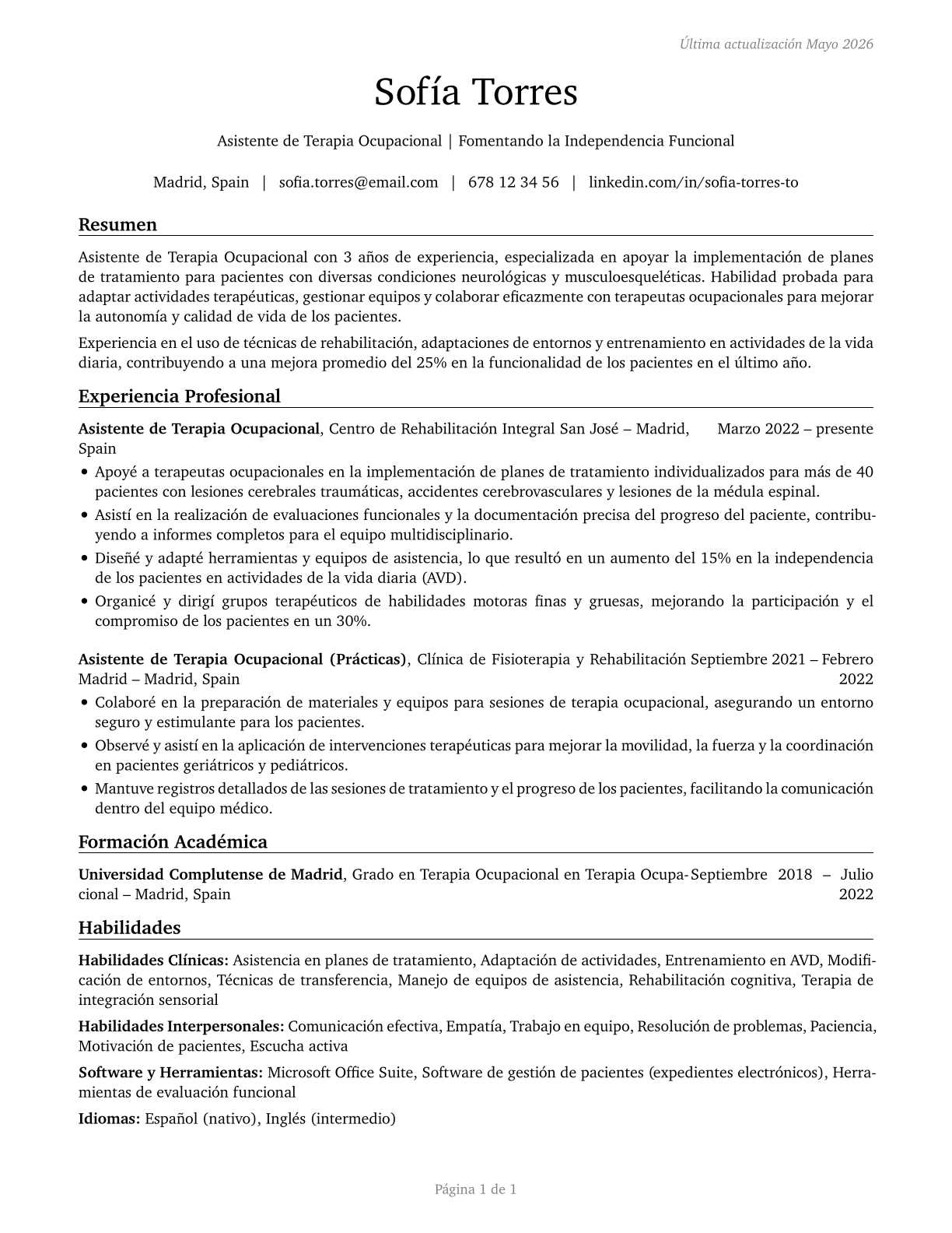 Occupational Therapy Aides CV in Spanish — page 1