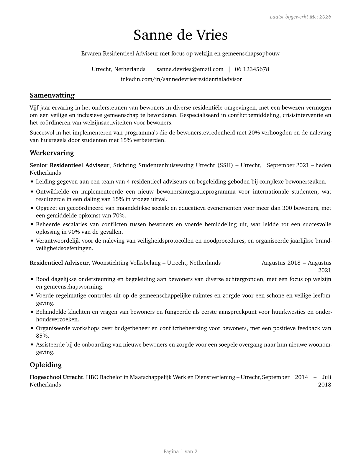 Residential Advisors CV in Dutch — page 1