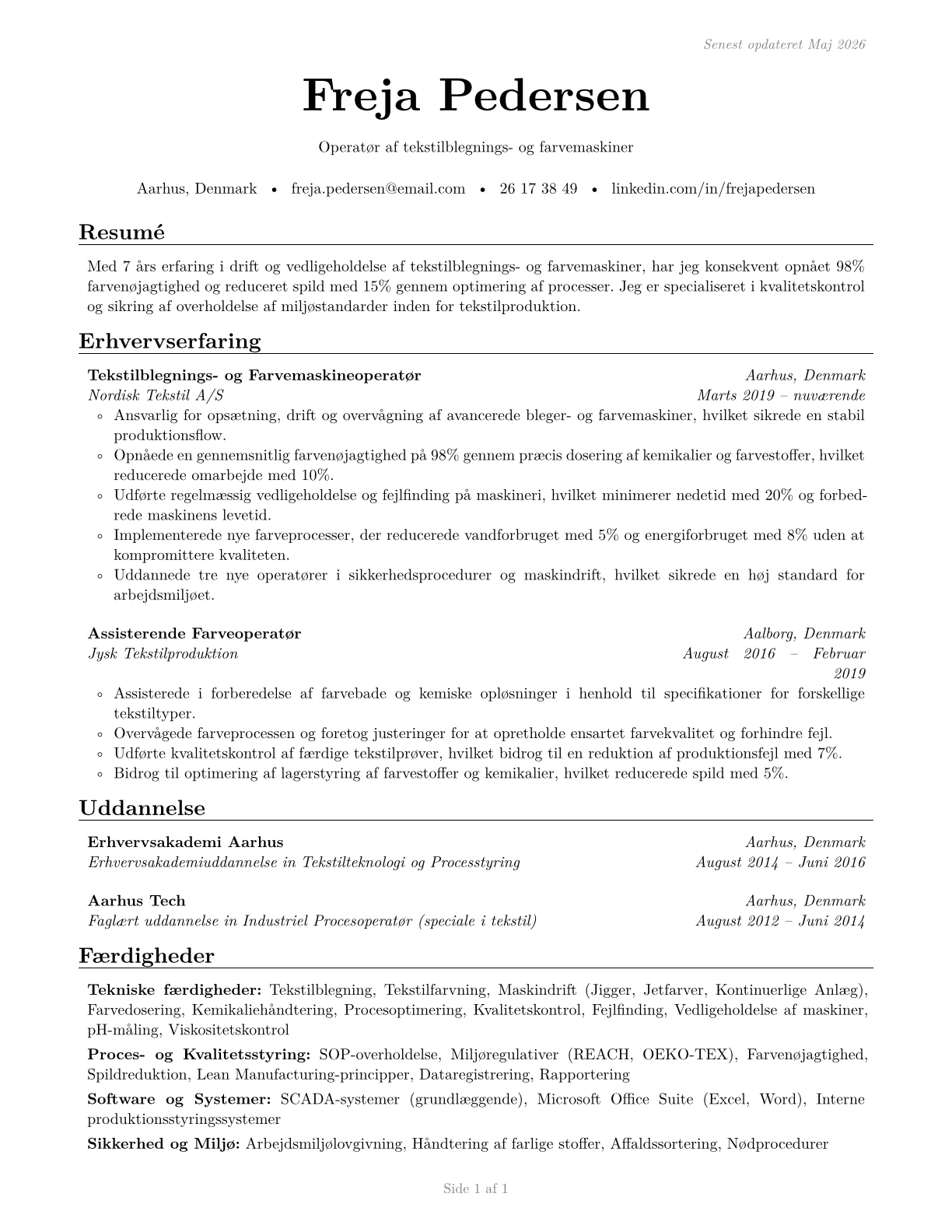 Textile Bleaching and Dyeing Machine Operators and Tenders CV in Danish — page 1