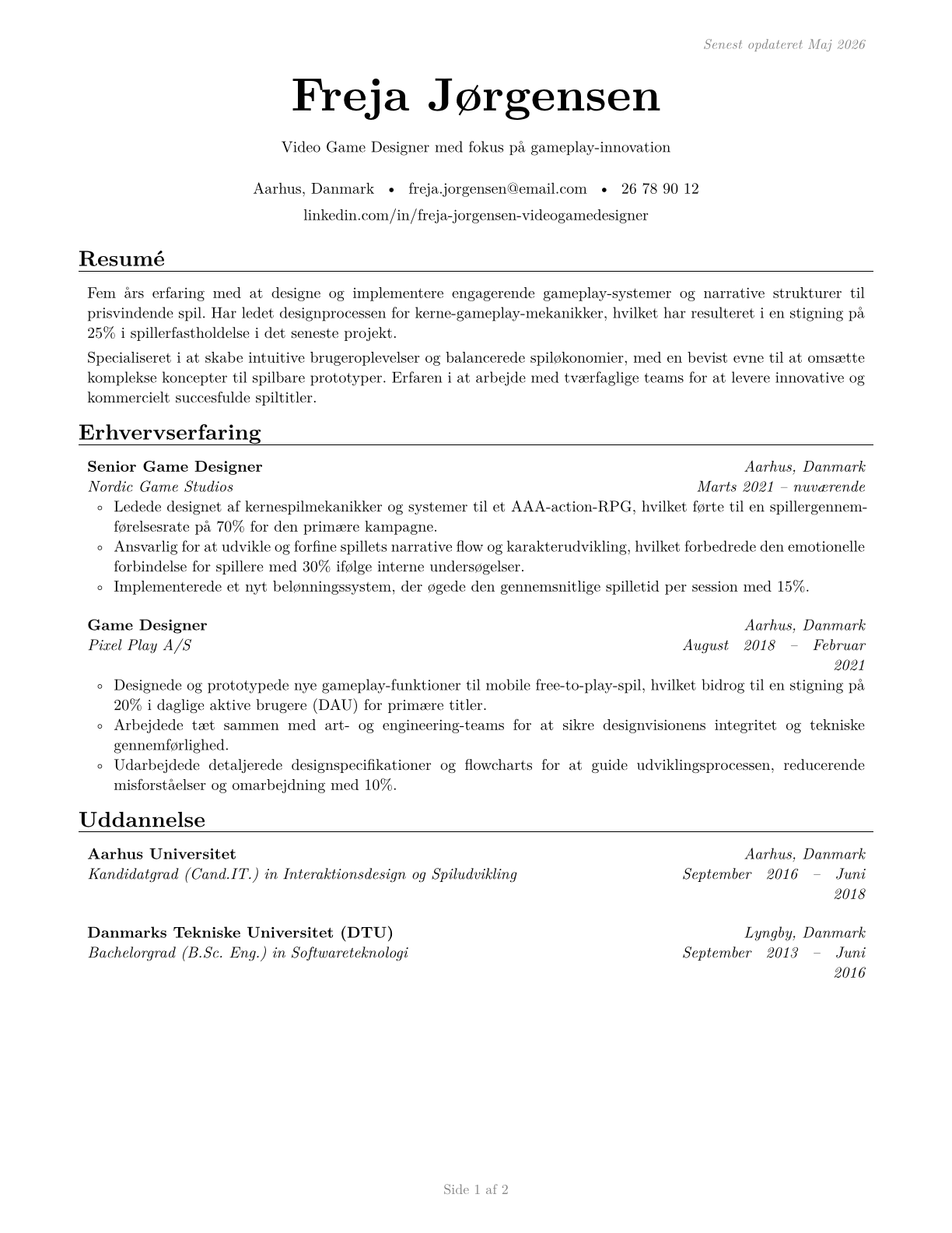 Video Game Designers CV in Danish — page 1