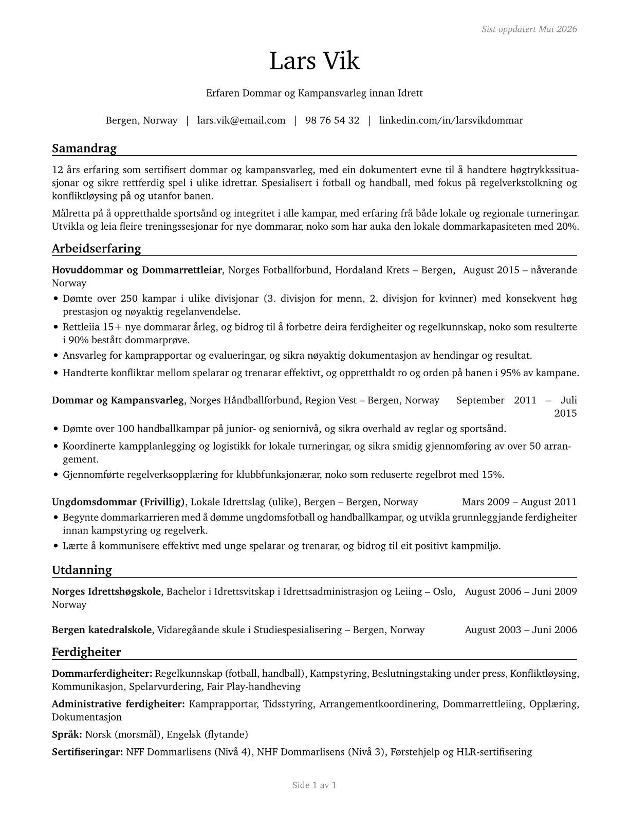 Umpires, Referees, and Other Sports Officials CV in Norwegian_nynorsk — page 1