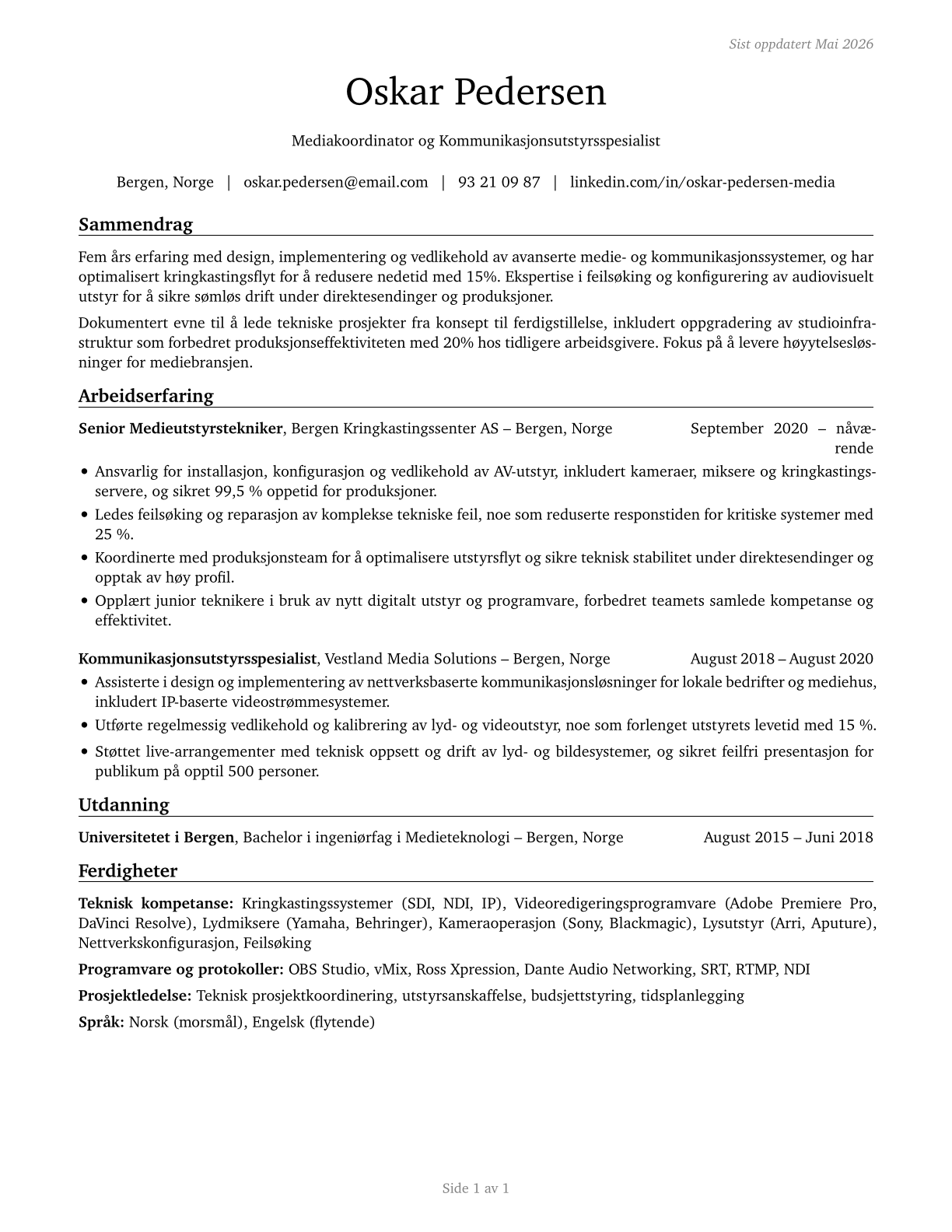 Media and Communication Equipment Workers, All Other CV in Norwegian_bokmal — page 1