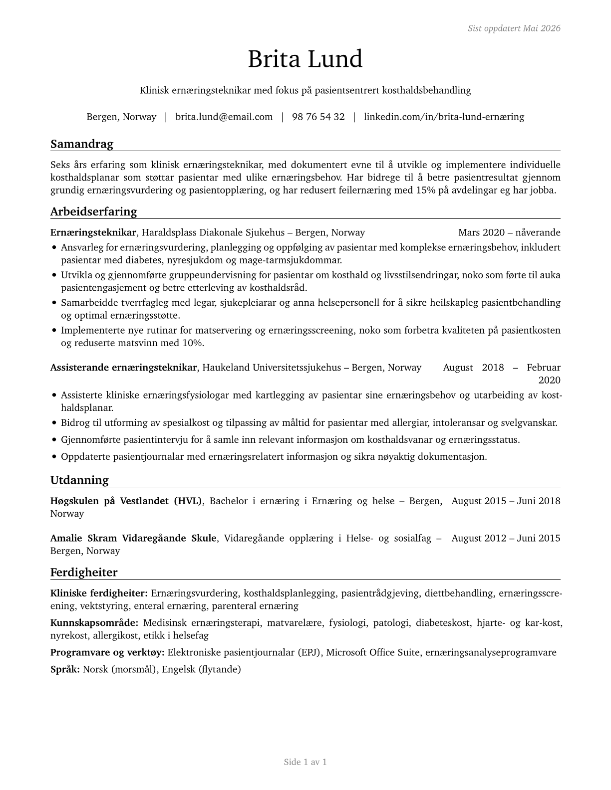 Dietetic Technicians CV in Norwegian_nynorsk — page 1