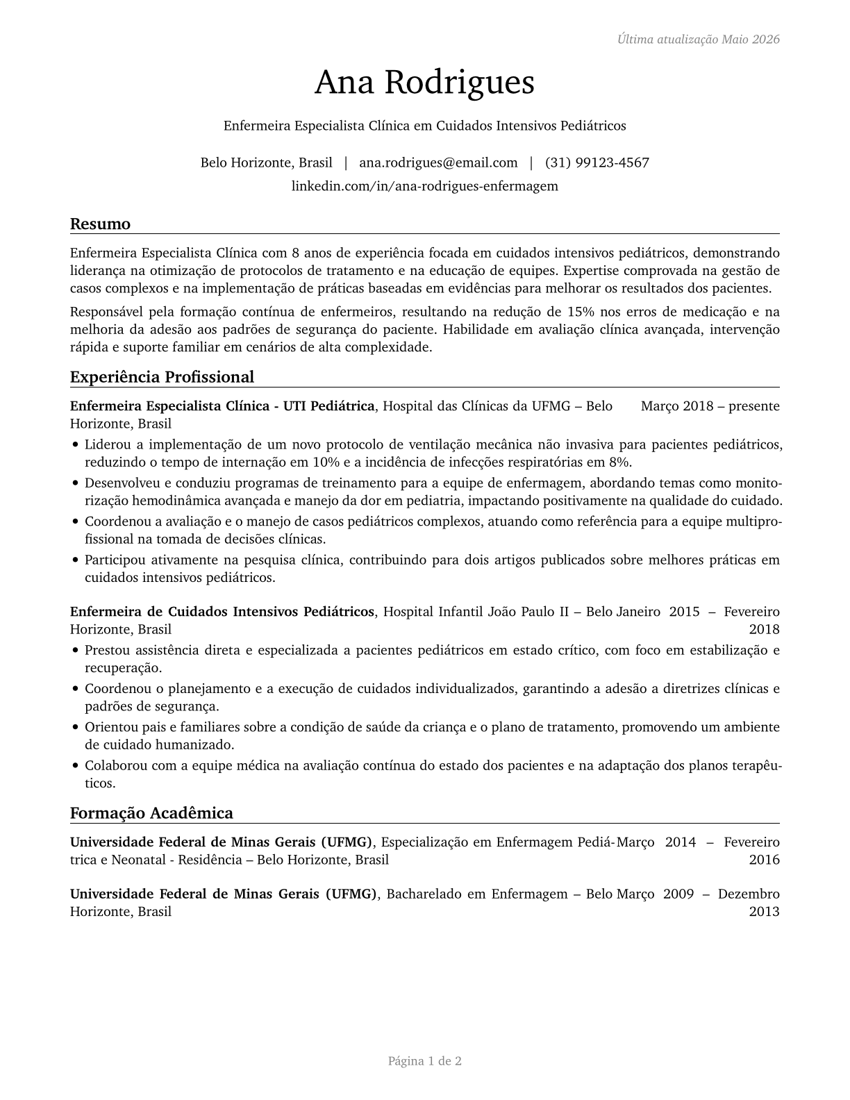 Clinical Nurse Specialists CV in Portuguese — page 1