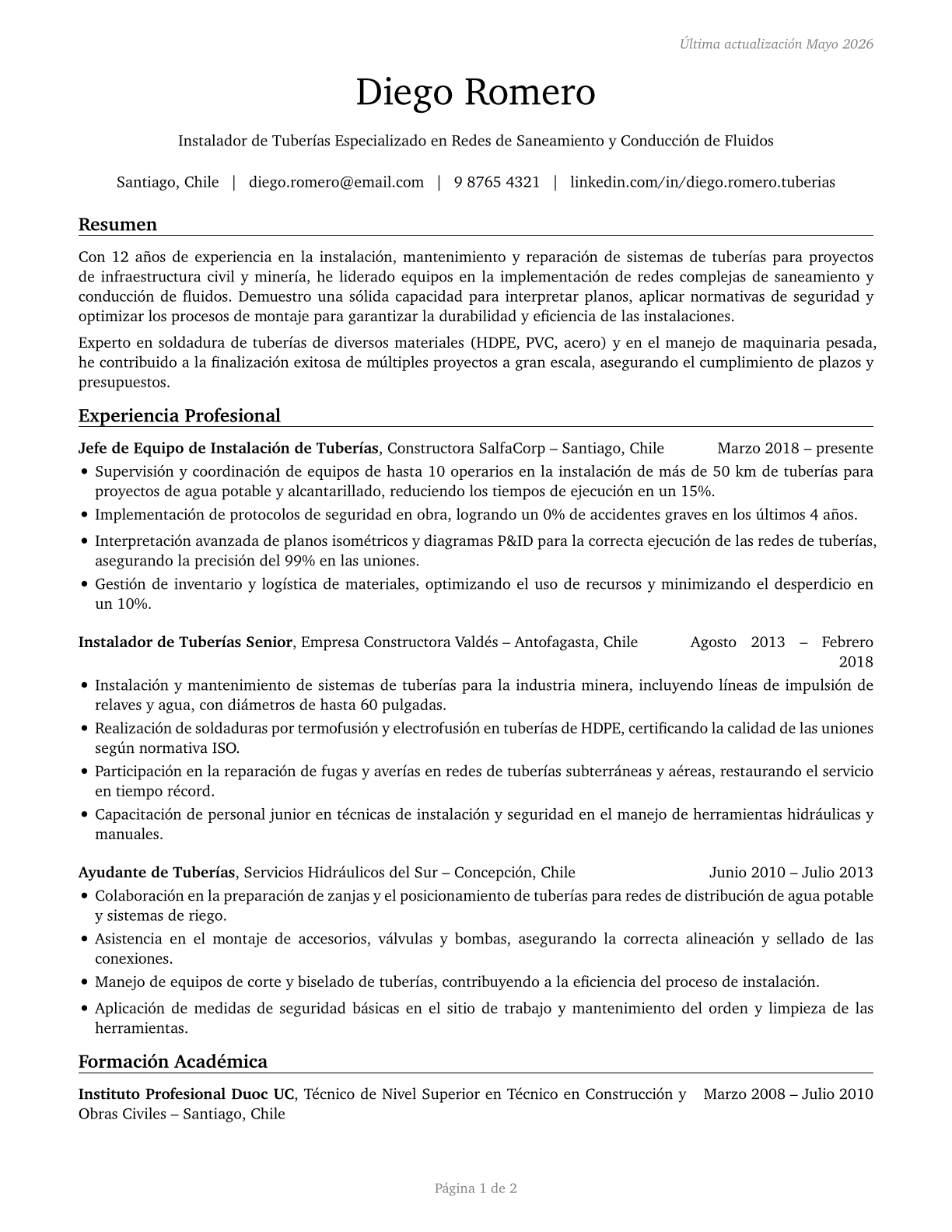 Pipelayers CV in Spanish — page 1