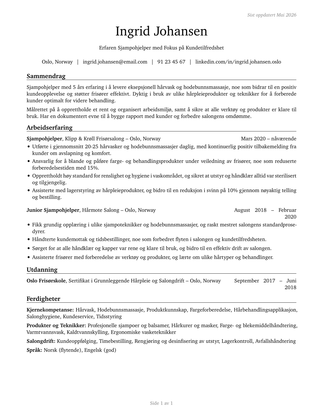 Shampooers CV in Norwegian_bokmal — page 1