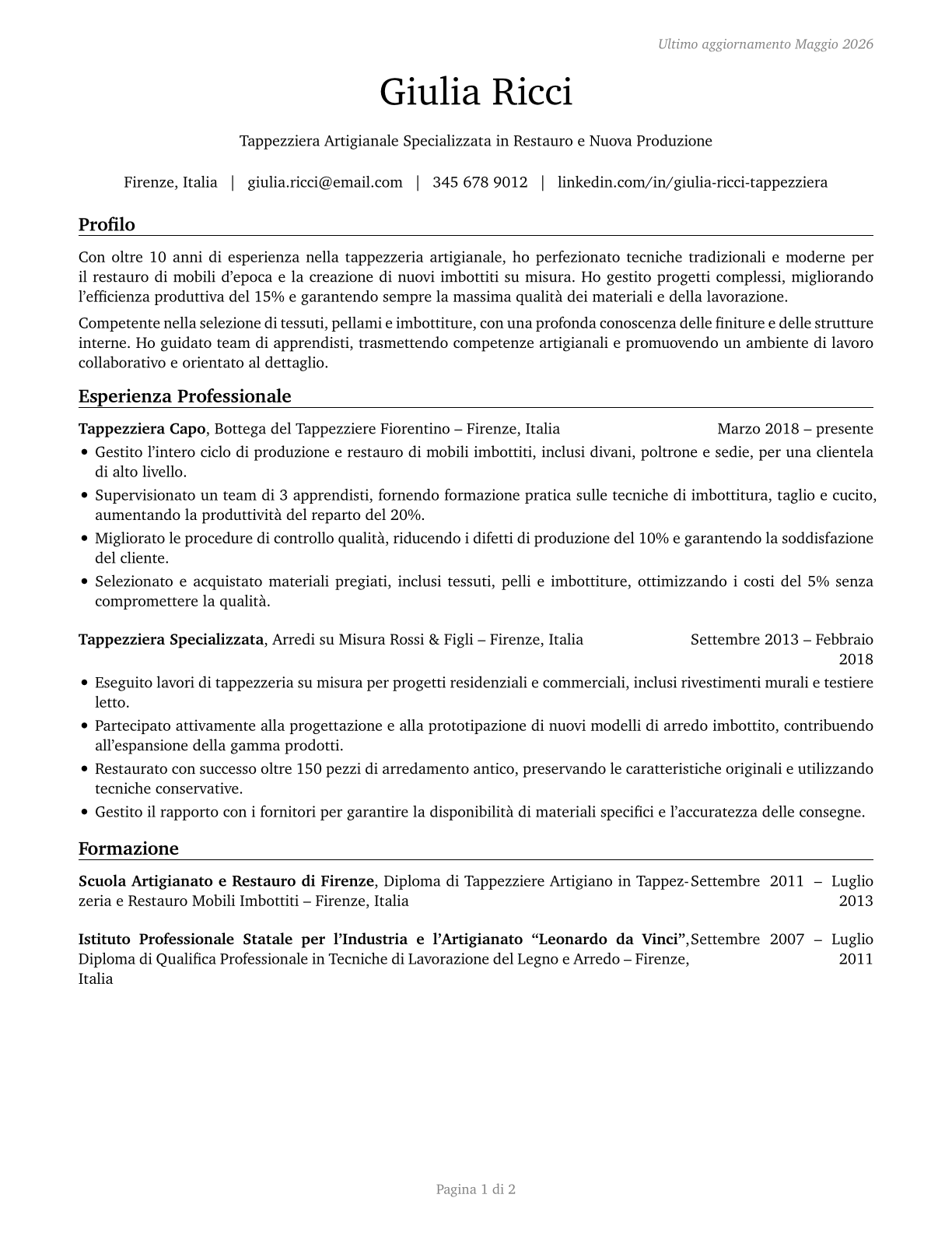 Upholsterers CV in Italian — page 1