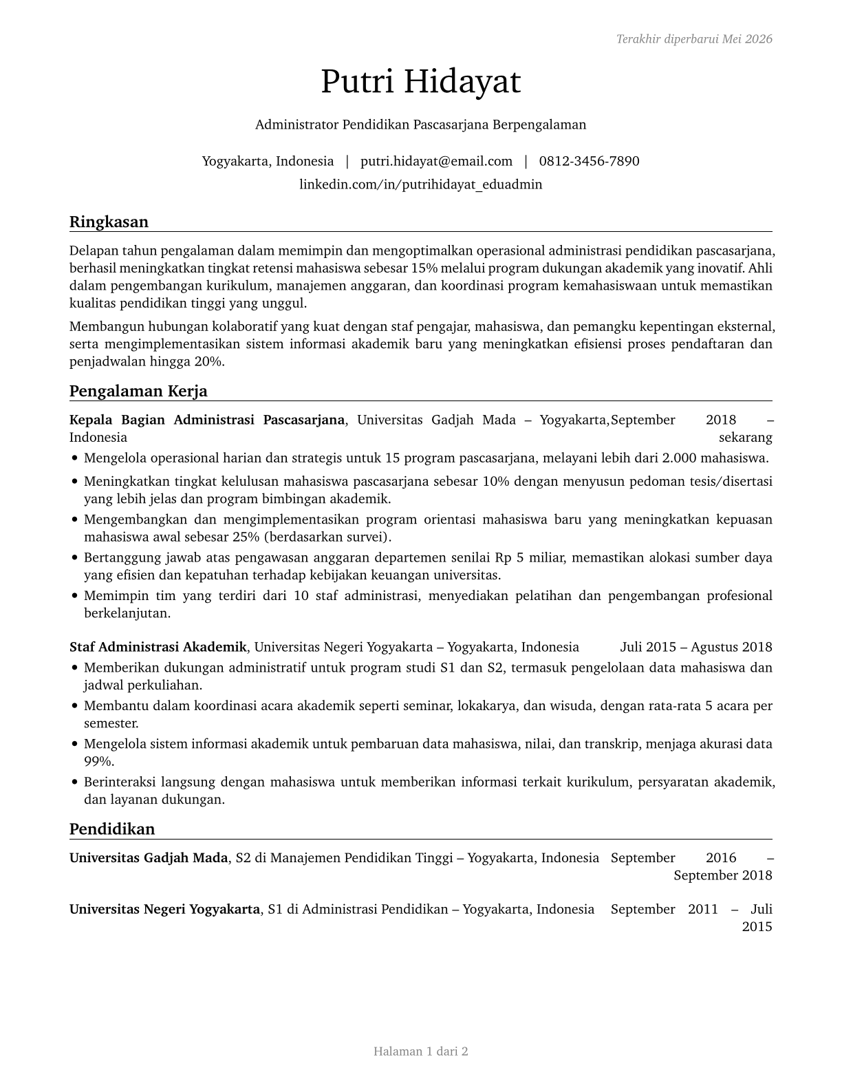 Education Administrators, Postsecondary CV in Indonesian — page 1