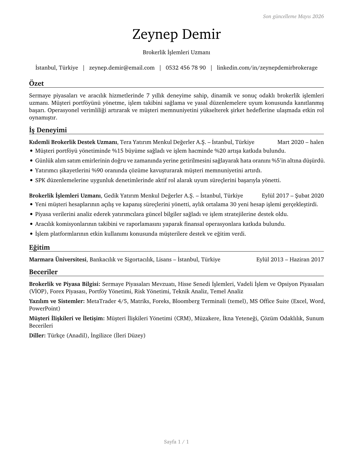Brokerage Clerks CV in Turkish — page 1