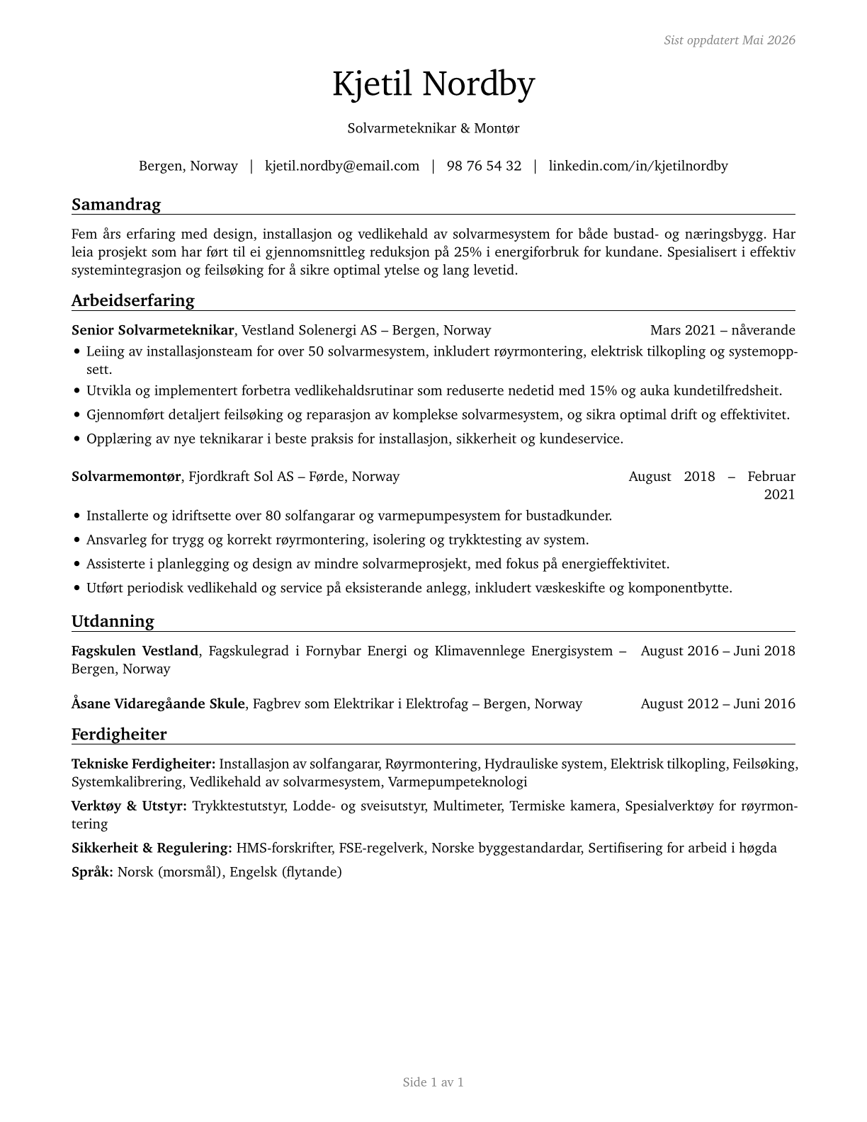 Solar Thermal Installers and Technicians CV in Norwegian_nynorsk — page 1