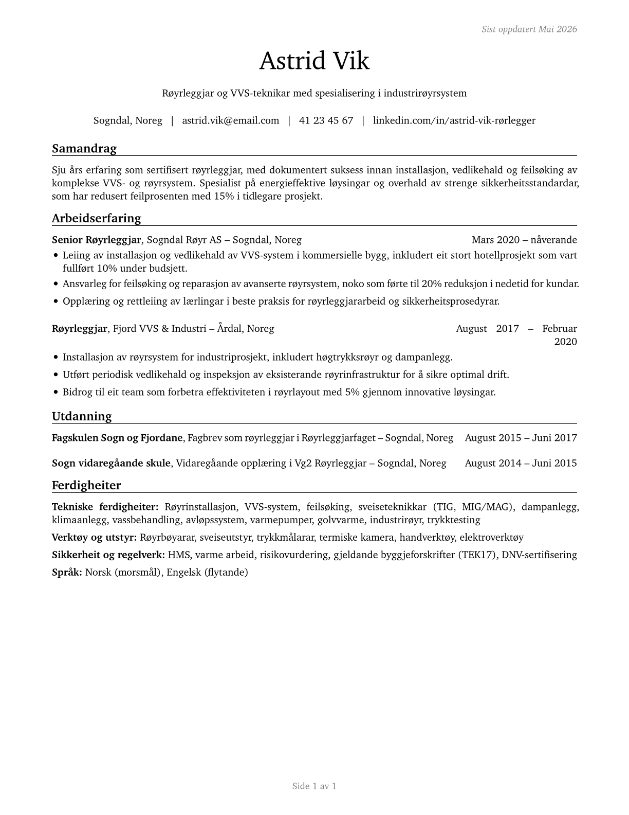 Plumbers, Pipefitters, and Steamfitters CV in Norwegian_nynorsk — page 1